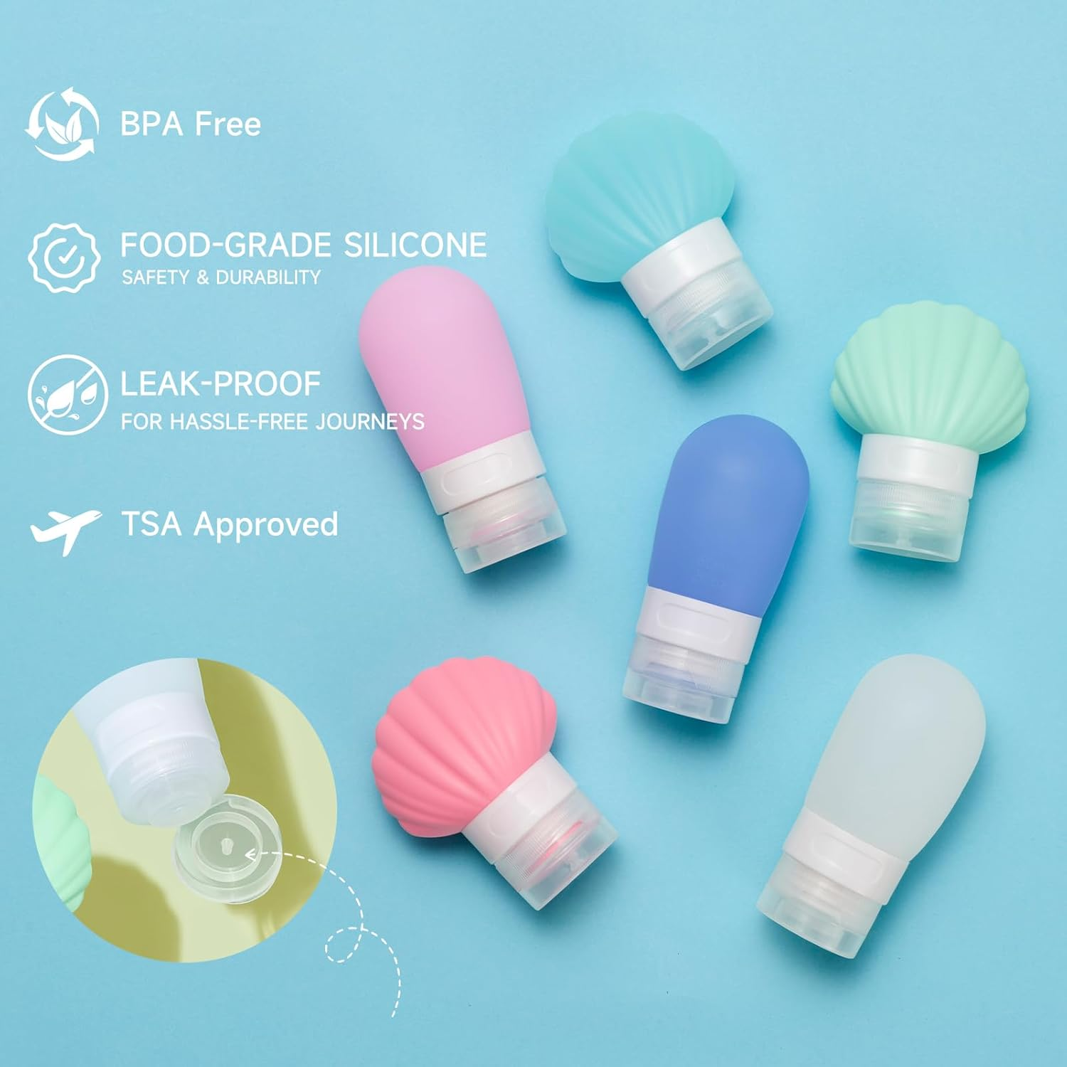 KISMETICS Leak Proof Squeezable Silicone Travel Bottles, Reusable, Refillable Bottles, Bulb Shape, Sustainable, TSA Carry on Approved Toiletries Containers, 3Pcs (2Oz/60Ml) image number 4