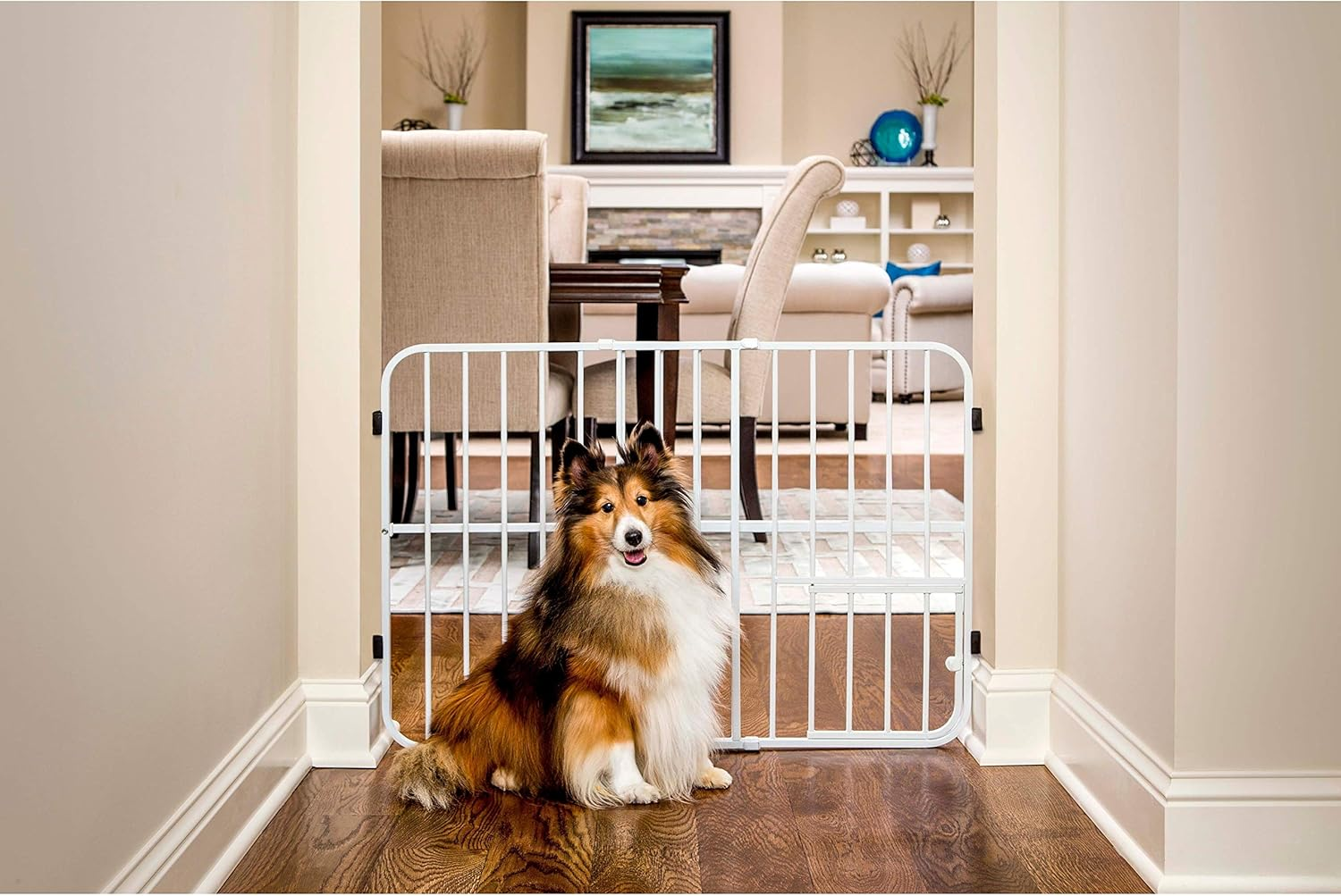 Carlson Pet Products Tuffy Metal Expandable Pet Gate, Includes Small Pet Door, 24 X 26-38 Inch, Beige, White image number 4