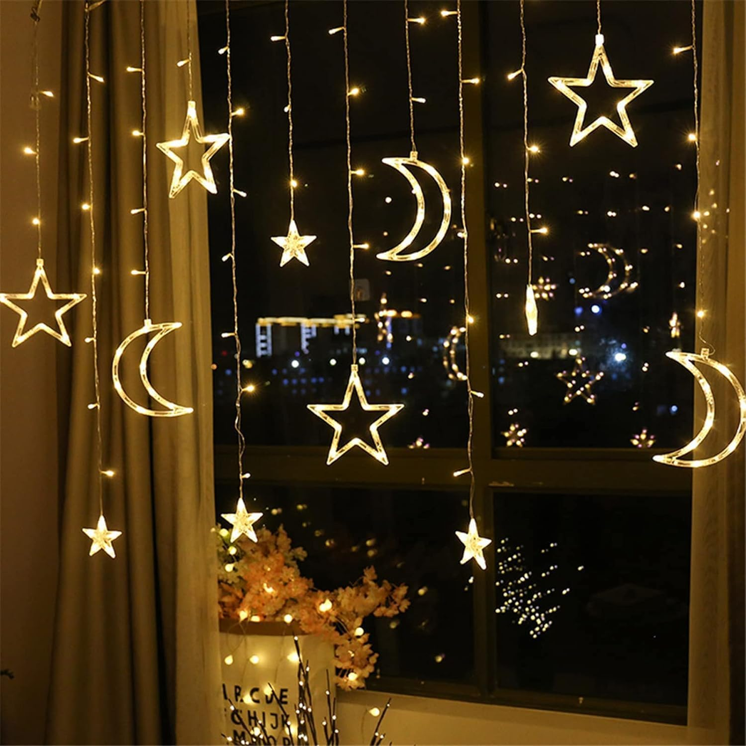 126 LED Star Lights, 3M Powered Twinkle Star Moon Fairy Lights, Curtain String Lights for Ramadan Window Wedding Garden Christmas Decoration (Warm White) image number 3