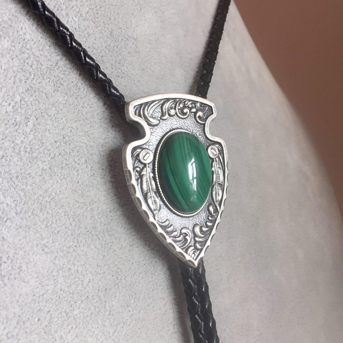 Vintage Silver Plated Arrow Malachite Stone Bolo Tie image number 6
