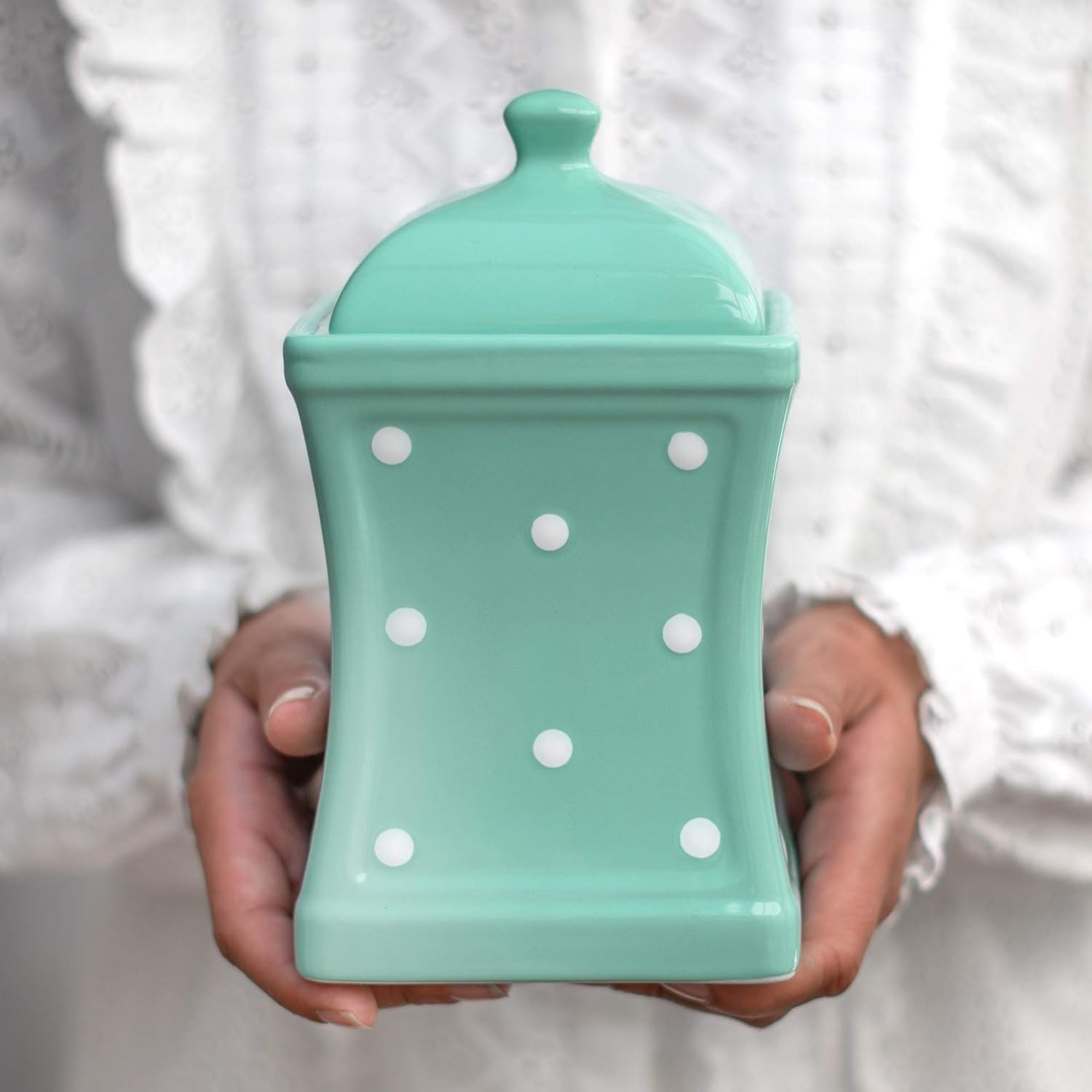 Handmade Teal Blue and White Polka Dot Large Ceramic 31.5Oz/900Ml Kitchen Storage Jar with Lid | Pottery Canister, Cookie Jar, Housewarming Gift by City to Cottage&reg; image number 3