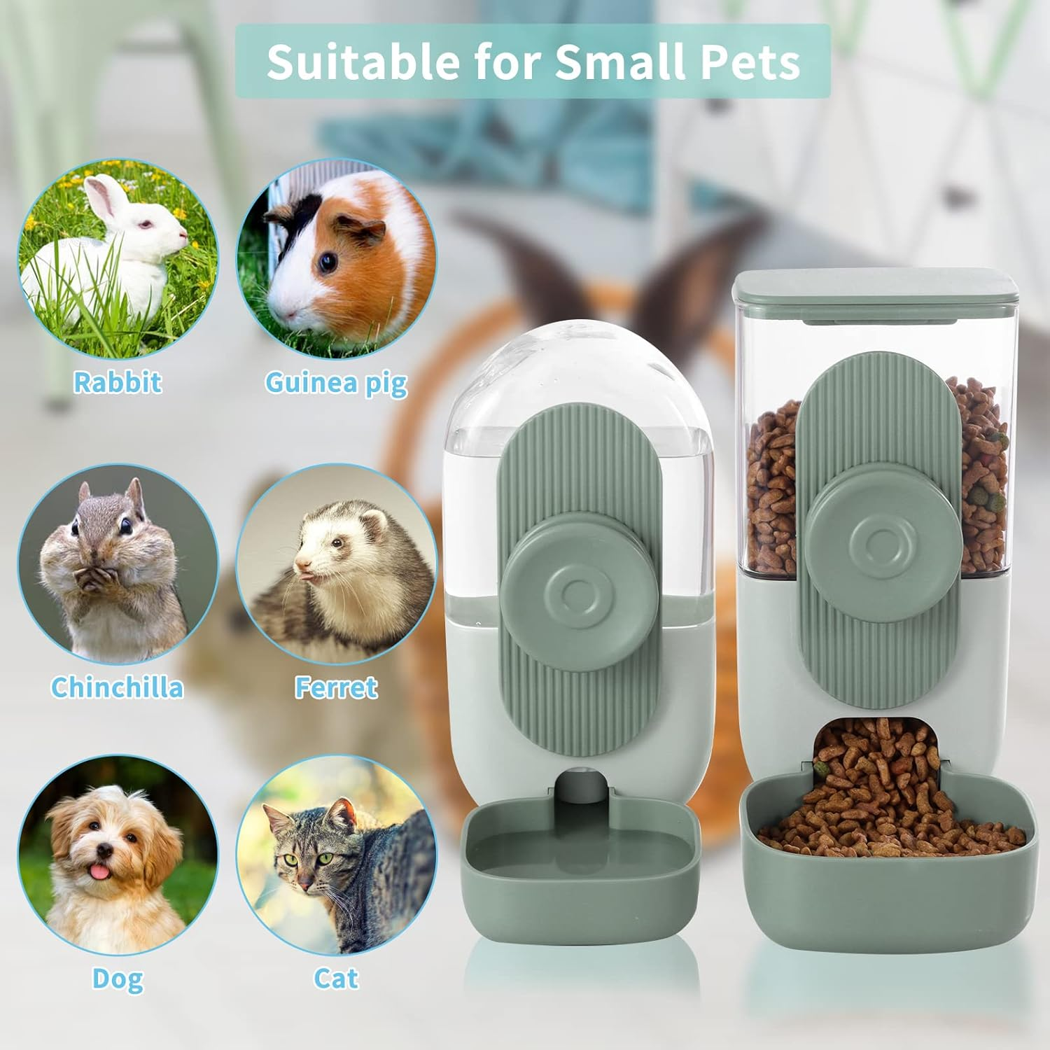 Hanging Automatic Food Water Dispenser,Gravity Rabbit Feeder Water Dispenser Set,Cage Cat Water Dispenser,Food Bowl for Bunny Guinea Pig Ferret Water Dispenser (Cage Grid Spacing over 1.2'') - Brown image number 3