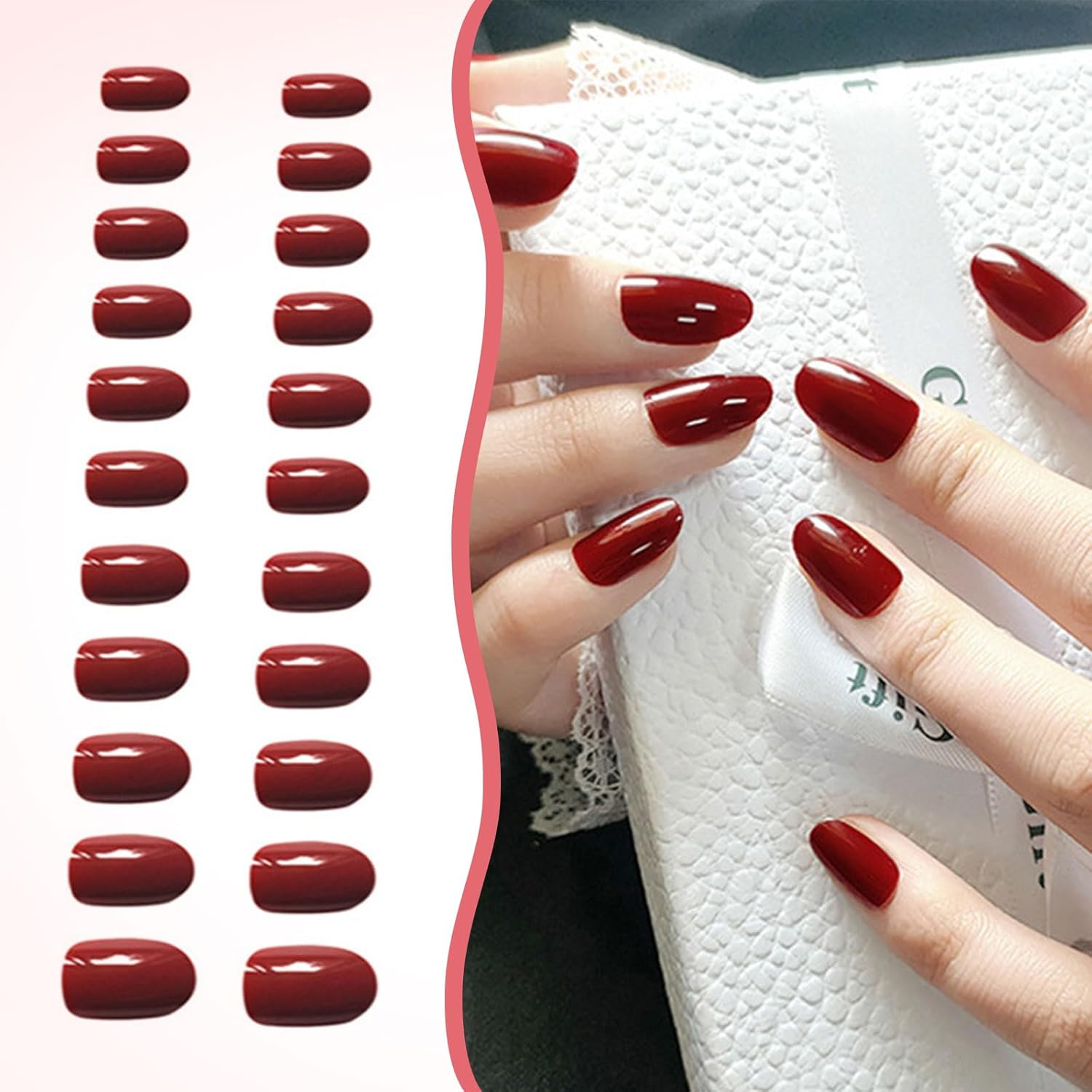 Lunarcharm 24 Pieces Burgundy, Short Press-On Nails, Press-On Nails, Oval Artificial Nails with Adhesive Tabs, Nail File, Preparation Pad, Manicure Sticks, Cherry Red image number 4