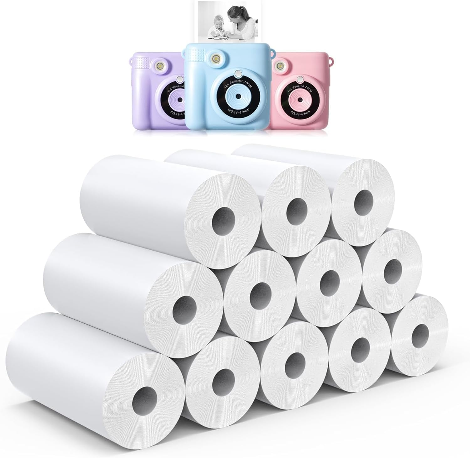12 Rolls Print Camera Paper Refill，Thermal Print Paper Rolls Photo Print HD Printing for Most Kids Instant Camera - Paper Only(White-12) image number 5
