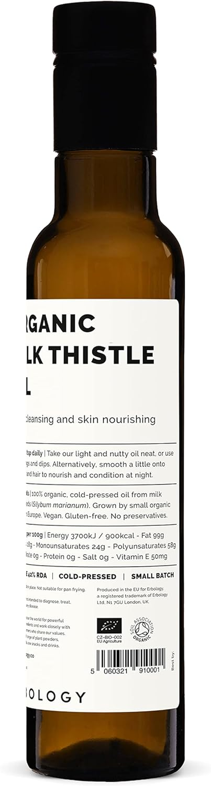 Erbology Organic Milk Thistle Oil 250Ml - Cold-Pressed - High in Vitamin E - Detoxifying - Straight from Farm - Non GMO - No Additives or Preservatives - Recyclable Glass Bottle