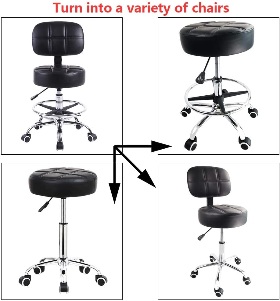 KKTONER Swivel round Rolling Stool PU Leather with Adjustable Foot Rest Height Adjustable Task Work Drafting Chair with Back - White image number 2