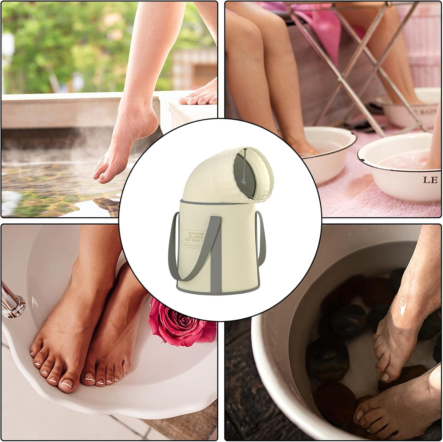 Foot Soaking Bucket | Foldable Foot Bath Basin Bag,Feet Soaking Tub, Foldable Pedicure Bag, Portable Foot Soak Foot Tub with Handle, Foot Spa Bucket for Laundry, Camping, Travel Pouxa - Beige Without Lid image number 5