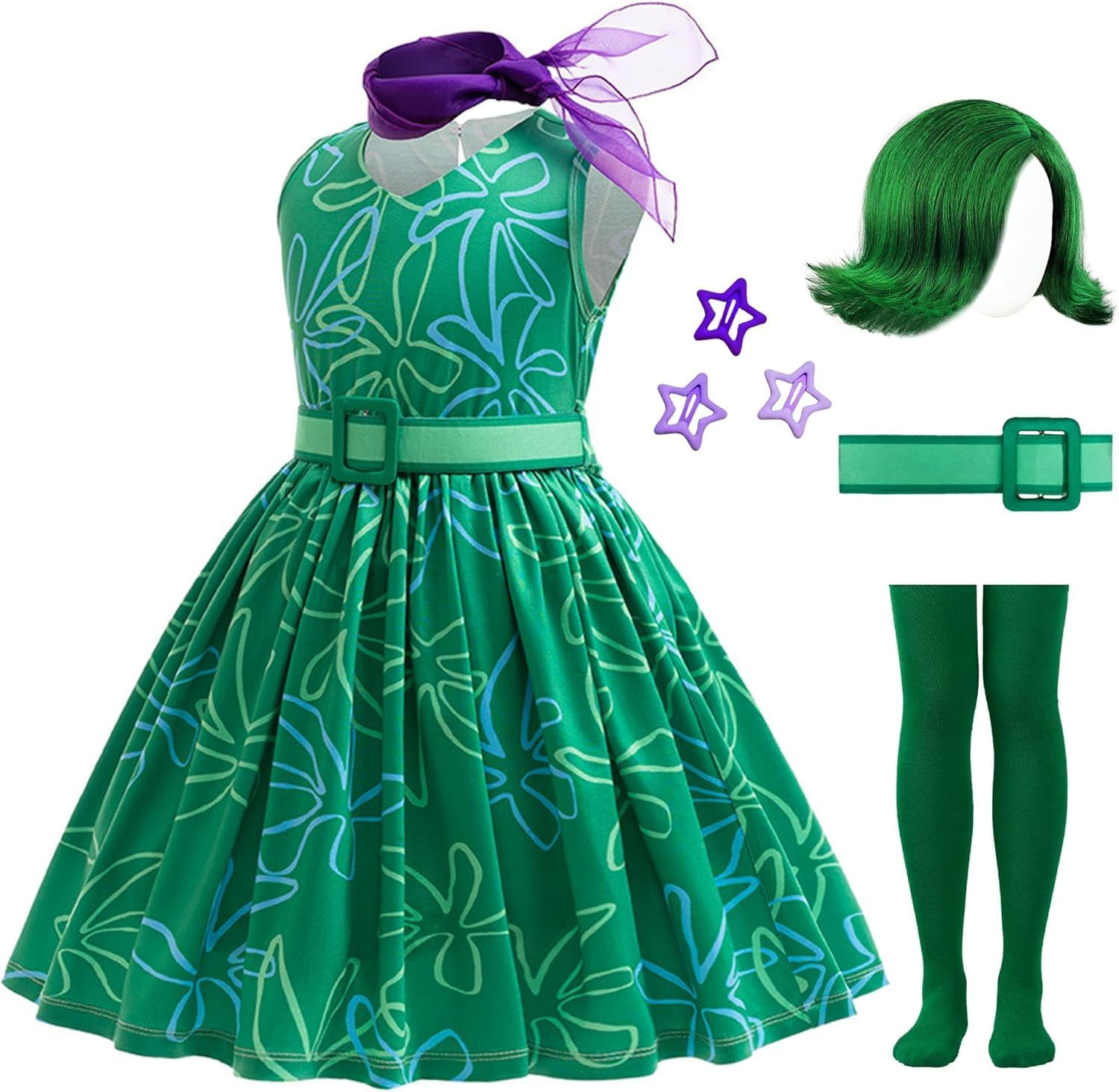 Girls Green Costume Cosplay Dress up Halloween Outfits with Wig