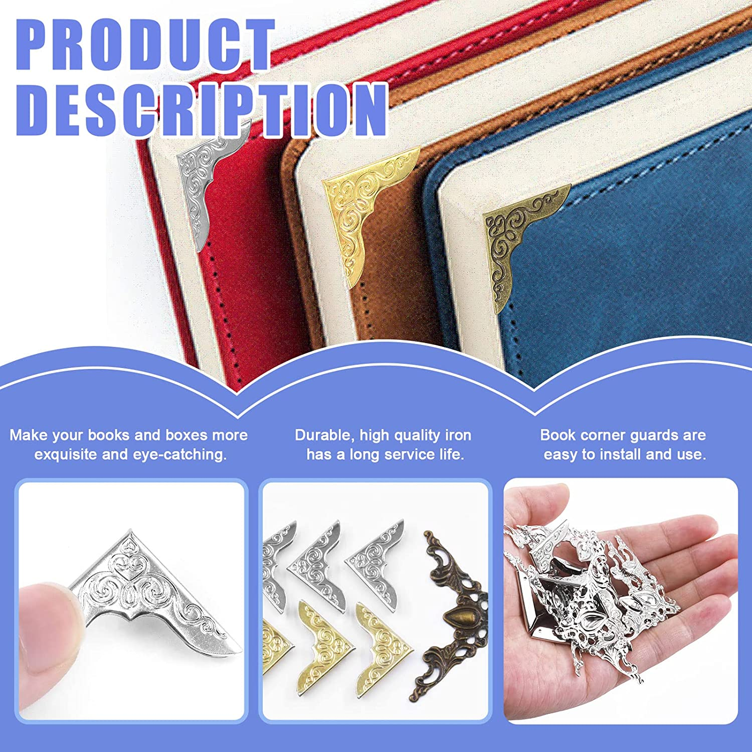 Glarks 160Pcs 4 Colors Metal Book Corners Protector 2 Styles Guard Edge Cover Book Scrapbooking Corner Protector Menus Album Notebook Folder File Corner Decorative Frame Angle Protector Covers image number 5