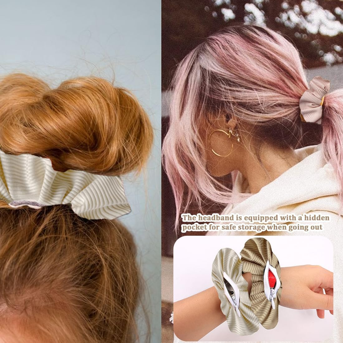 Pack of 4 Women'S Hair Bobbles with Zip Pocket, Knitted Scrunchies, Elastic Hair Bands for Women and Girls image number 1