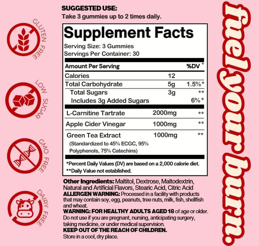 Pre-Workout Gummies Non-Stim Thermo Daytime Vegan Preworkout - BBB&trade; by the Gummy Lab&trade; with L-Carnitine, Green Tea, Apple Cider Vinegar | Strawberry Sunrise | 90 Gummies (30 Servings) image number 2
