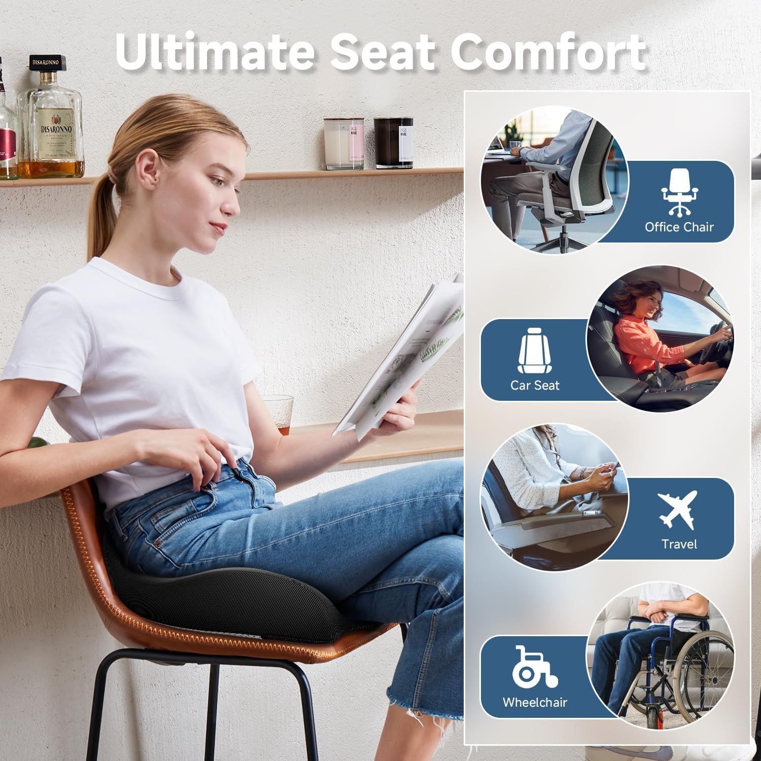 Benazcap X Large Gel Seat Cushion for Office Chair Ergonomic Cushions-Gel & Memory Foam Coccyx Butt Pillow for Sciatica & Back Pain Relief for Long Sitting for Gaming Chair and Car Seat-Black image number 4