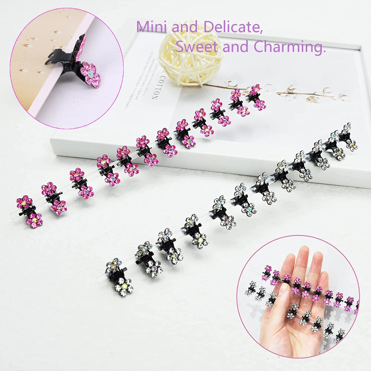 Generic Pack of 24 Hair Claw Clips, Mini Hair Clips for Girls, Children, Women'S Hair Accessories, Rose Red and Silver Rhinestones, Small Flowers, for Everyday, Party, Prom, Wedding image number 4