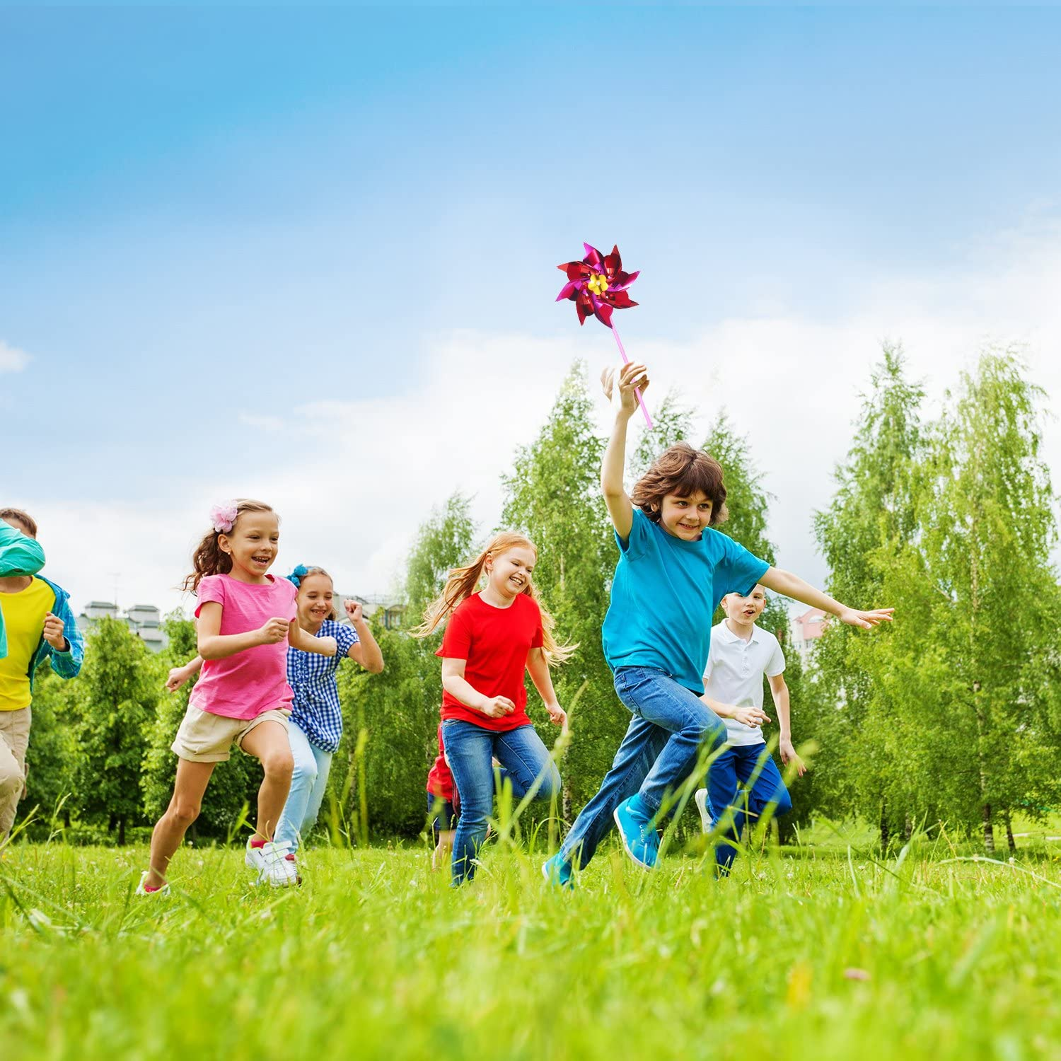 Hestya 50 Pieces Plastic Rainbow Pinwheel, Party Pinwheels DIY Lawn Windmill Set for Kids Toy Garden Party Lawn Decor, Assorted Colour image number 1