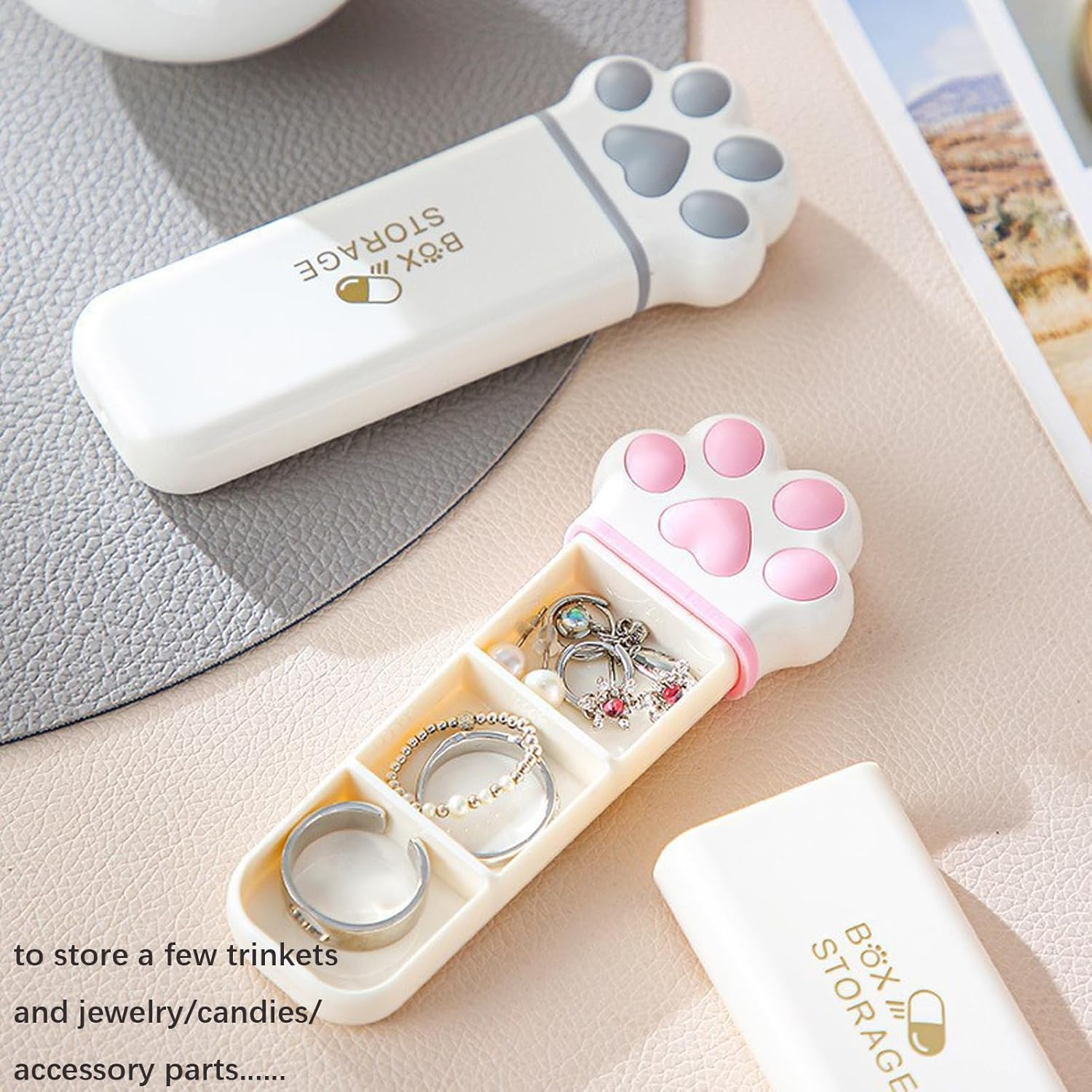 Daily Pill Organiser Box, Cute Cat Paw, 3 Compartments Pill Holder Container, Small Portable Pill Case for Travel Pocket Purse, Kawaii Gift (Pink) - Grey image number 2