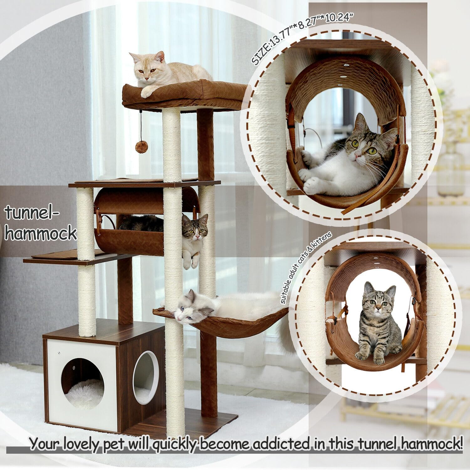 PAWZ Road Cat Tree Cat Scratching Post with a Large Hammock Play Tower, Play Tunnel Wooden Furniture Cat Stand 130Cm Brown image number 2