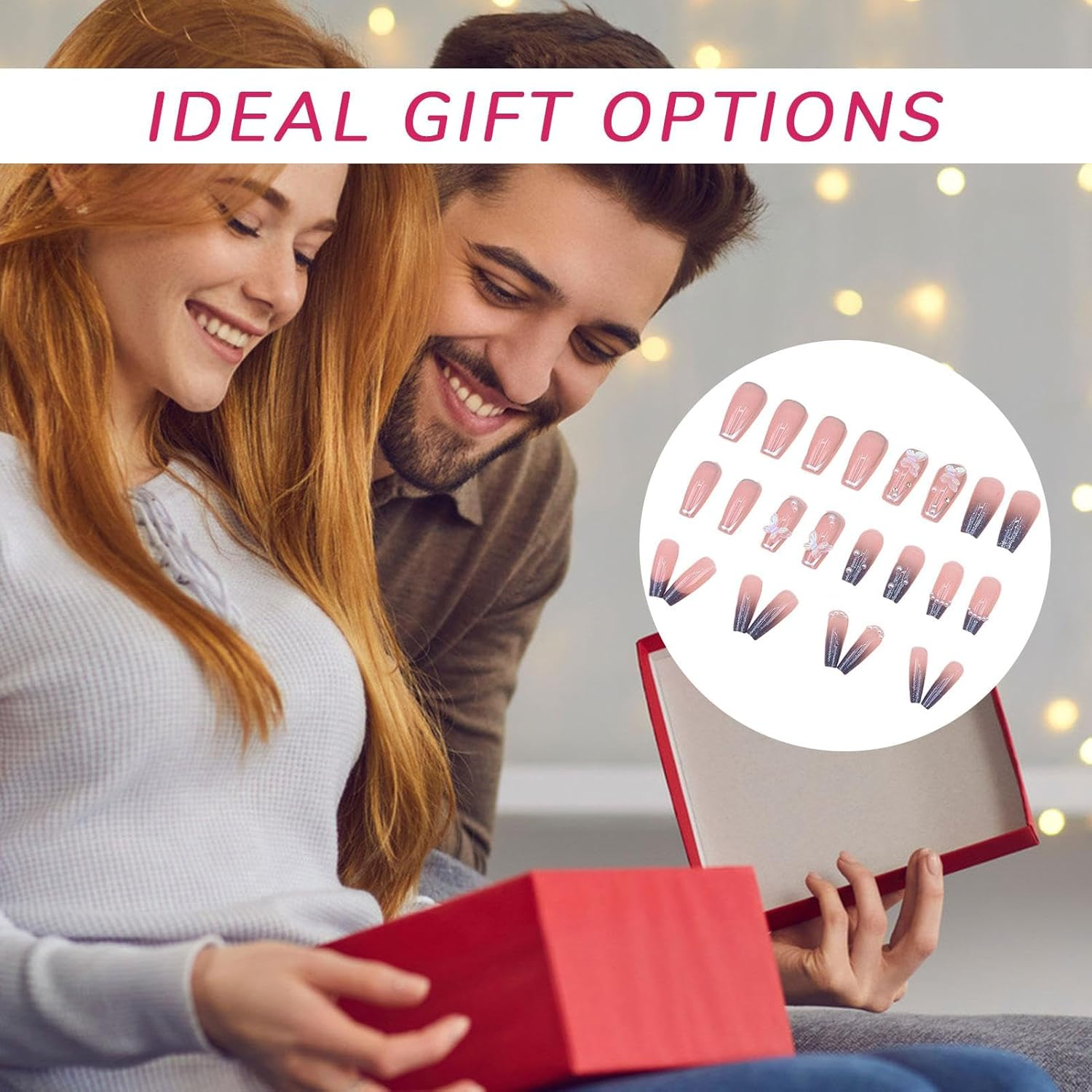 Iouyjiu Press on Nails, Artificial Fake Nails, French Style Nail Set, Adorned with Bows, Includes Manicure Stickers 24 Piece Kit Perfect for Kids and Nail Arts, 30G image number 1