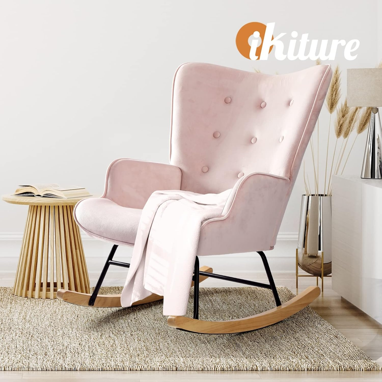 Oikiture Armchair Rocking Chair Fabric Lounge Pink image number 2