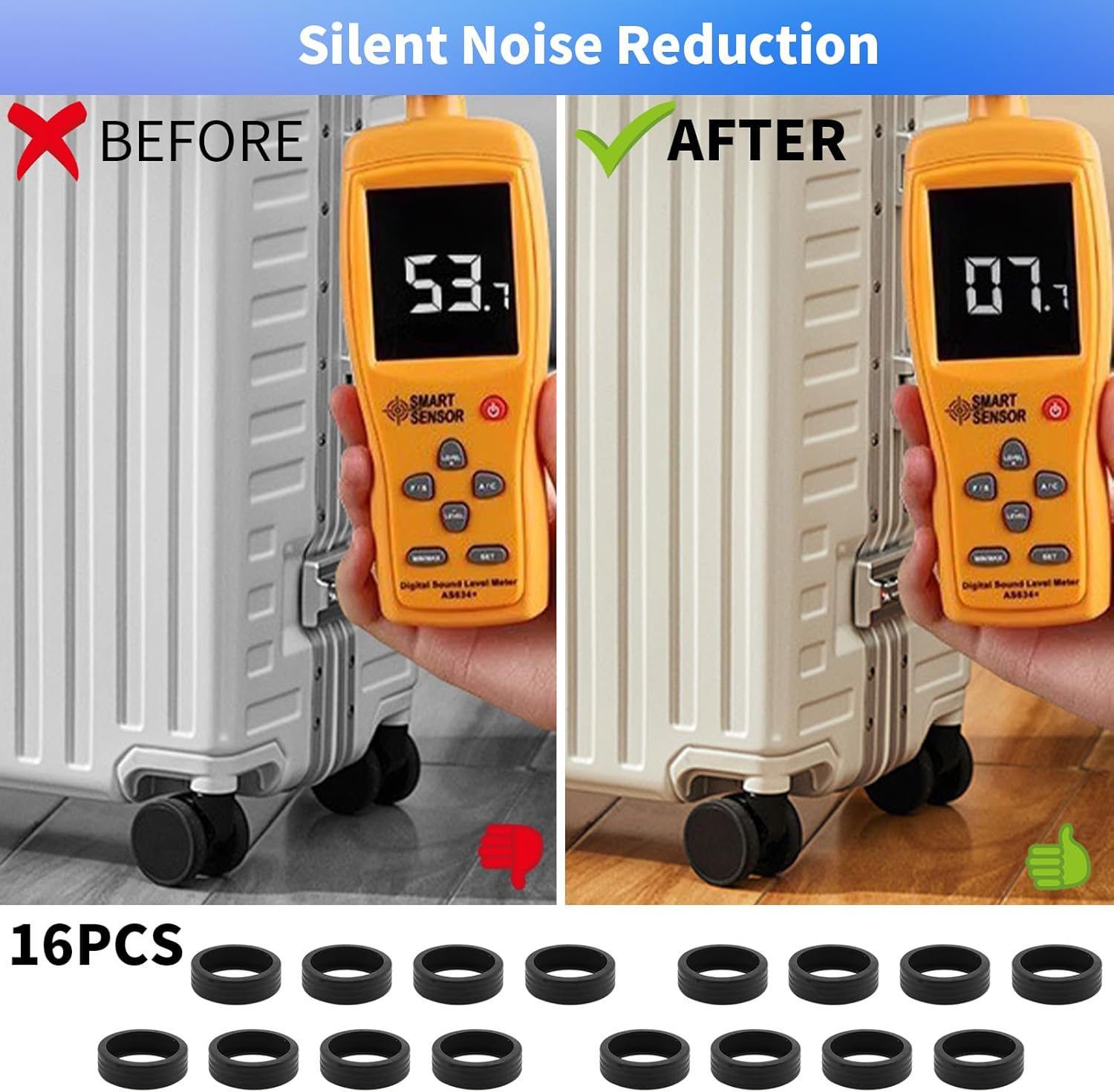 16 PCS Silent Luggage Wheel Protection Covers - Universal Anti-Scratch, Reduce Noise for Most 8-Spinner Wheels (Grey) image number 3