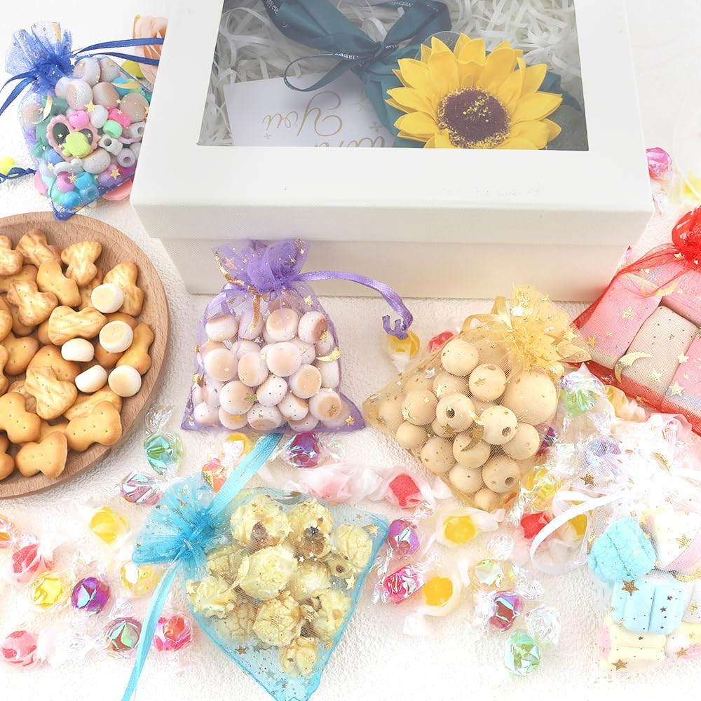 Stars and Moon Drawstring Organza Bags,50Pcs Golden Organza Gift Bags,Sheer Mesh Pouches for Jewelry Candy Presents Wedding Party Festival Favour Makeup Birthday Halloween Christmas Wrapping Supplie - Golden image number 3