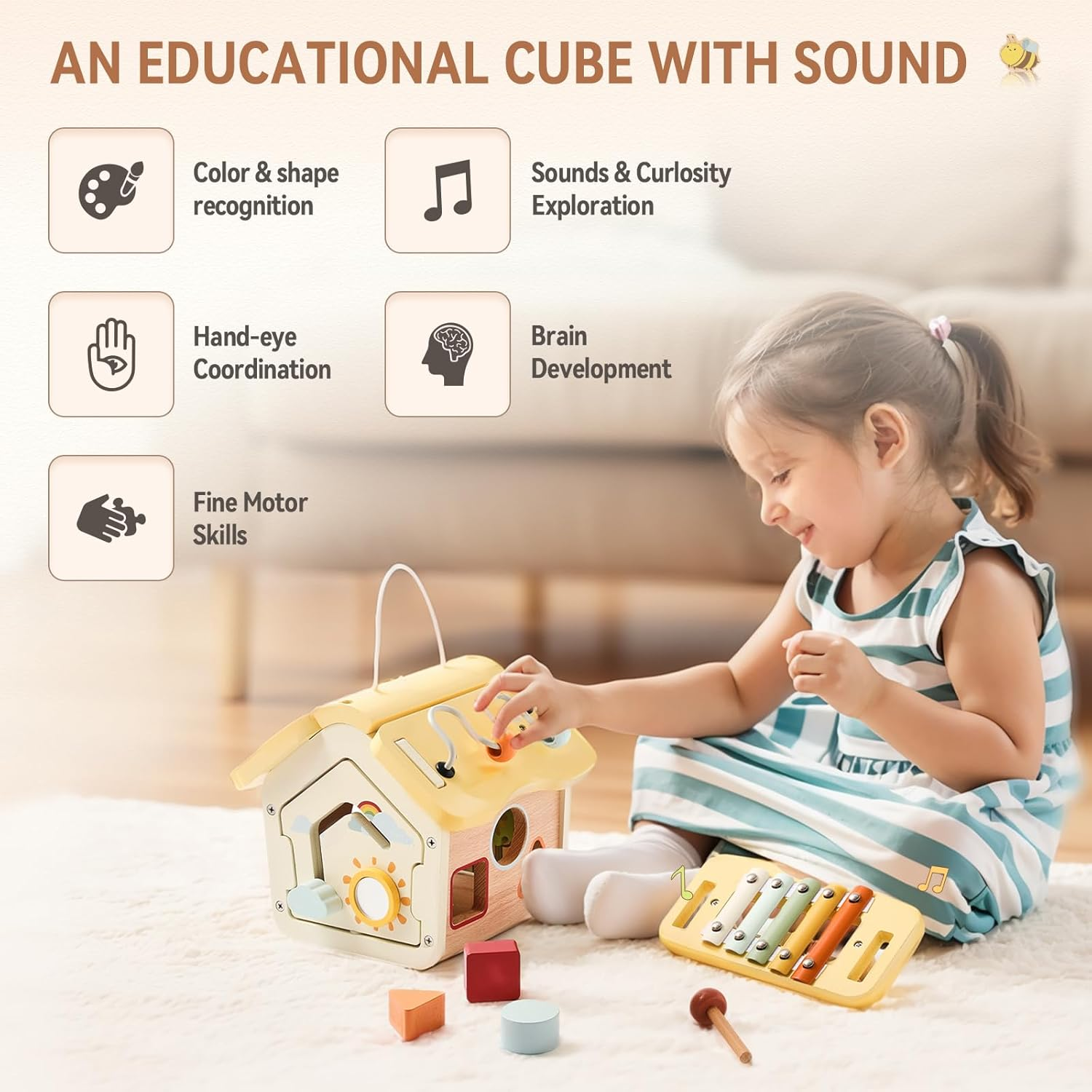 Wooden Activity Cube Toys for Baby Sensory Toys for Toddlers 2-3 Multipurpose Educational Learning Shape Sorter Montessori Toy to Baby Gifts image number 6