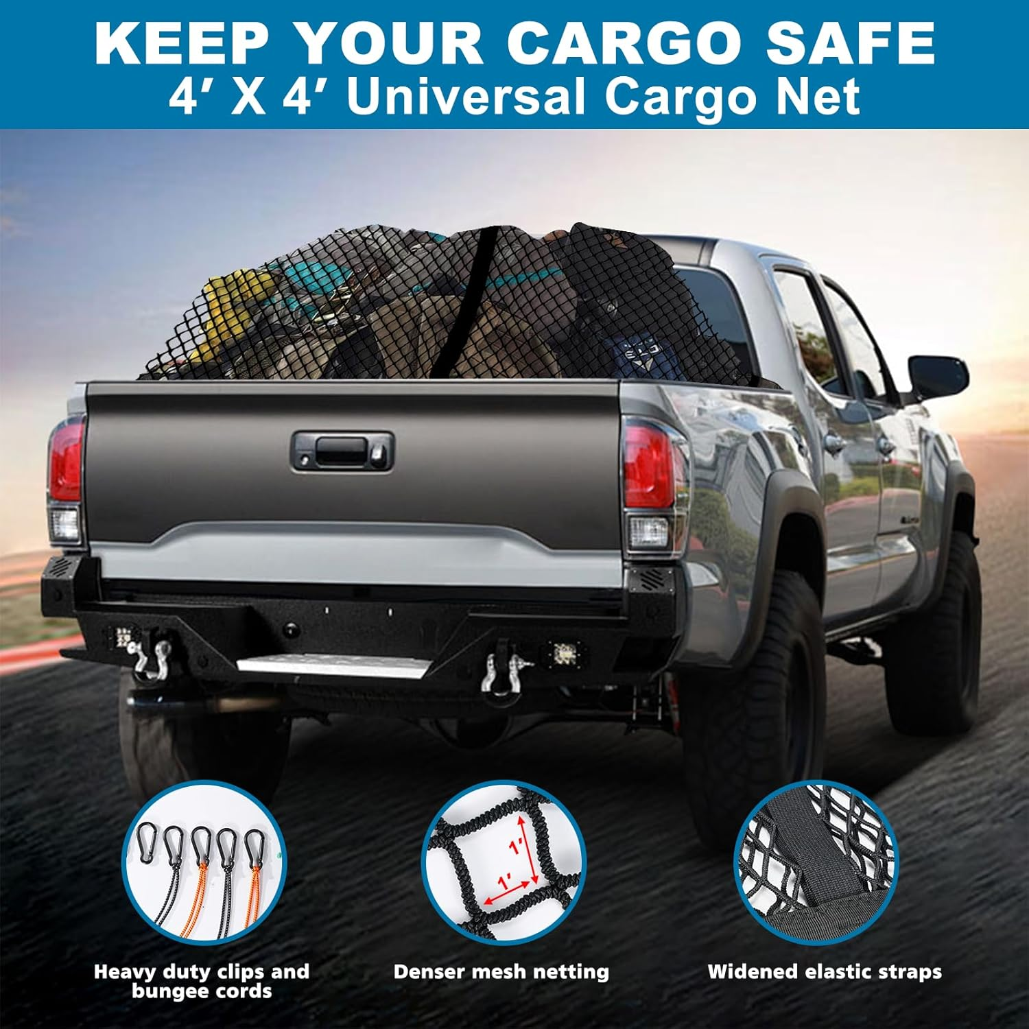 Juyverq Cargo Net for Pickup Truck Bed, Highly Elastic Truck Bed Cargo Net, 4' X 4' Stretchable to 8' X 8', Truck Bed Cargo Mesh Organizer, for Daily Light Loads of Trucks image number 5