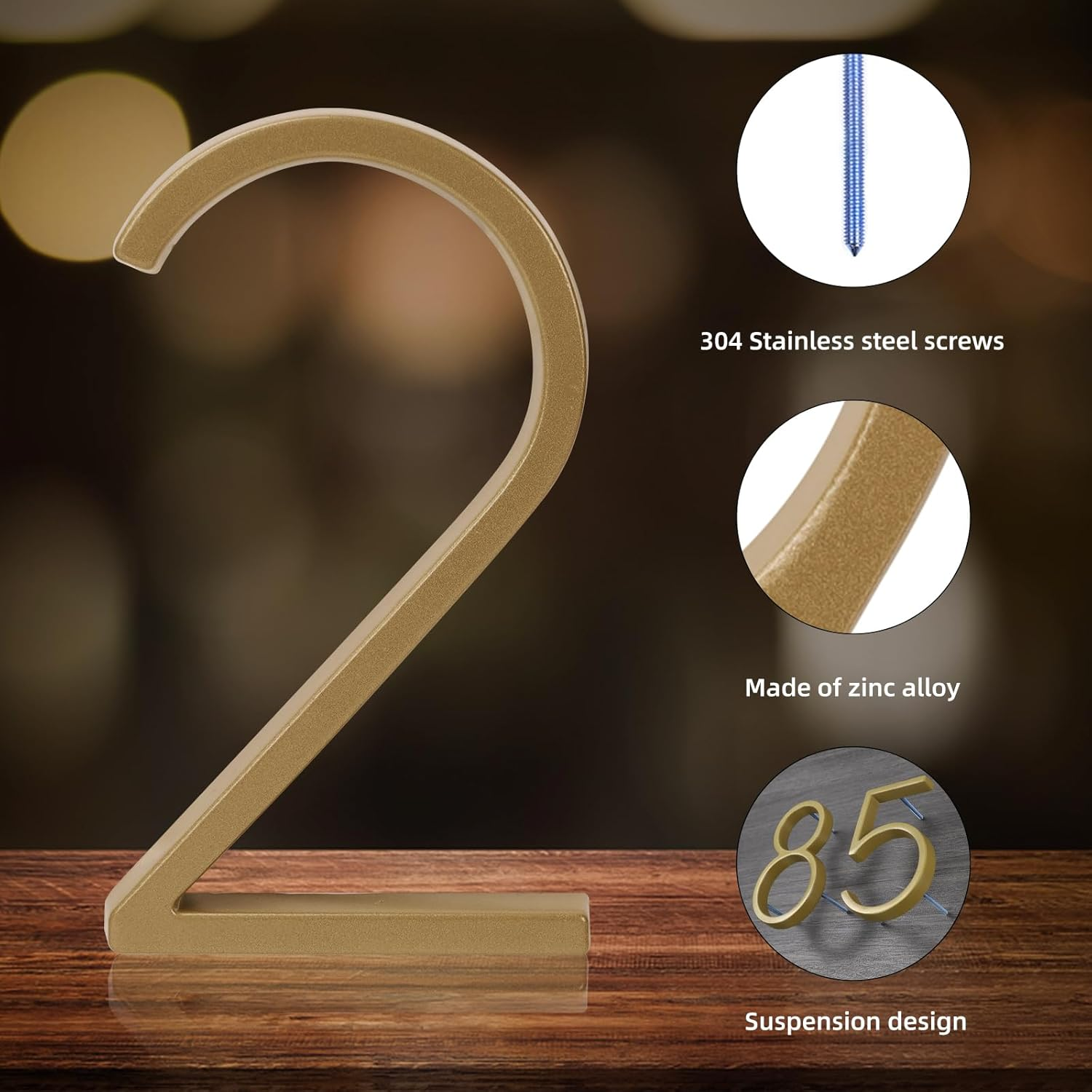 Floating House Number Modern House Numbers 5 Inch, Deamos Zinc Alloy Home Address Number for House with Reflective Finish Brass Floating Mount or Flush Mount Zinc Alloy [Number 2]