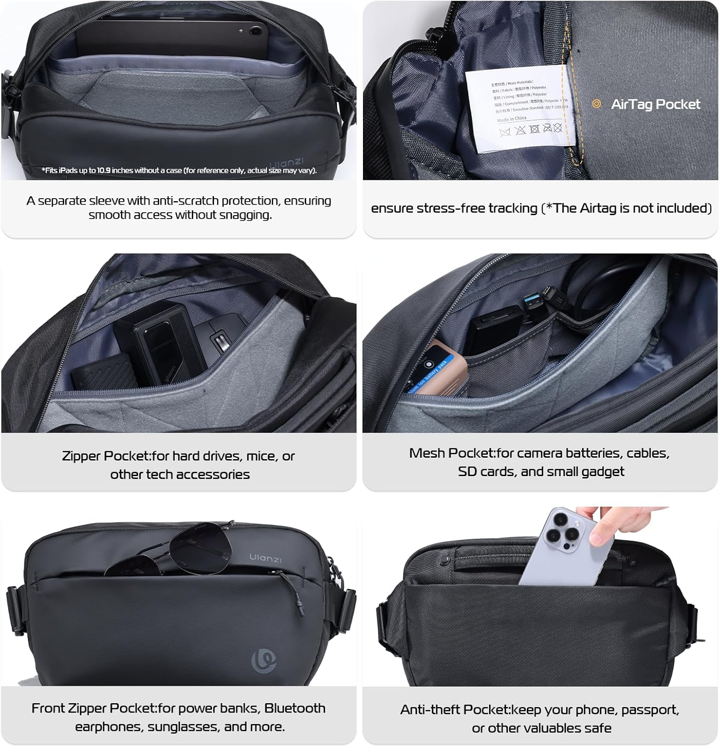 ULANZI Sling Camera Bag, Waterproof Camera Backpack with Tripod Holder, Dslr/Slr/Mirrorless Camera Case Crossbody for Photographers - Black 10L Capacity image number 4