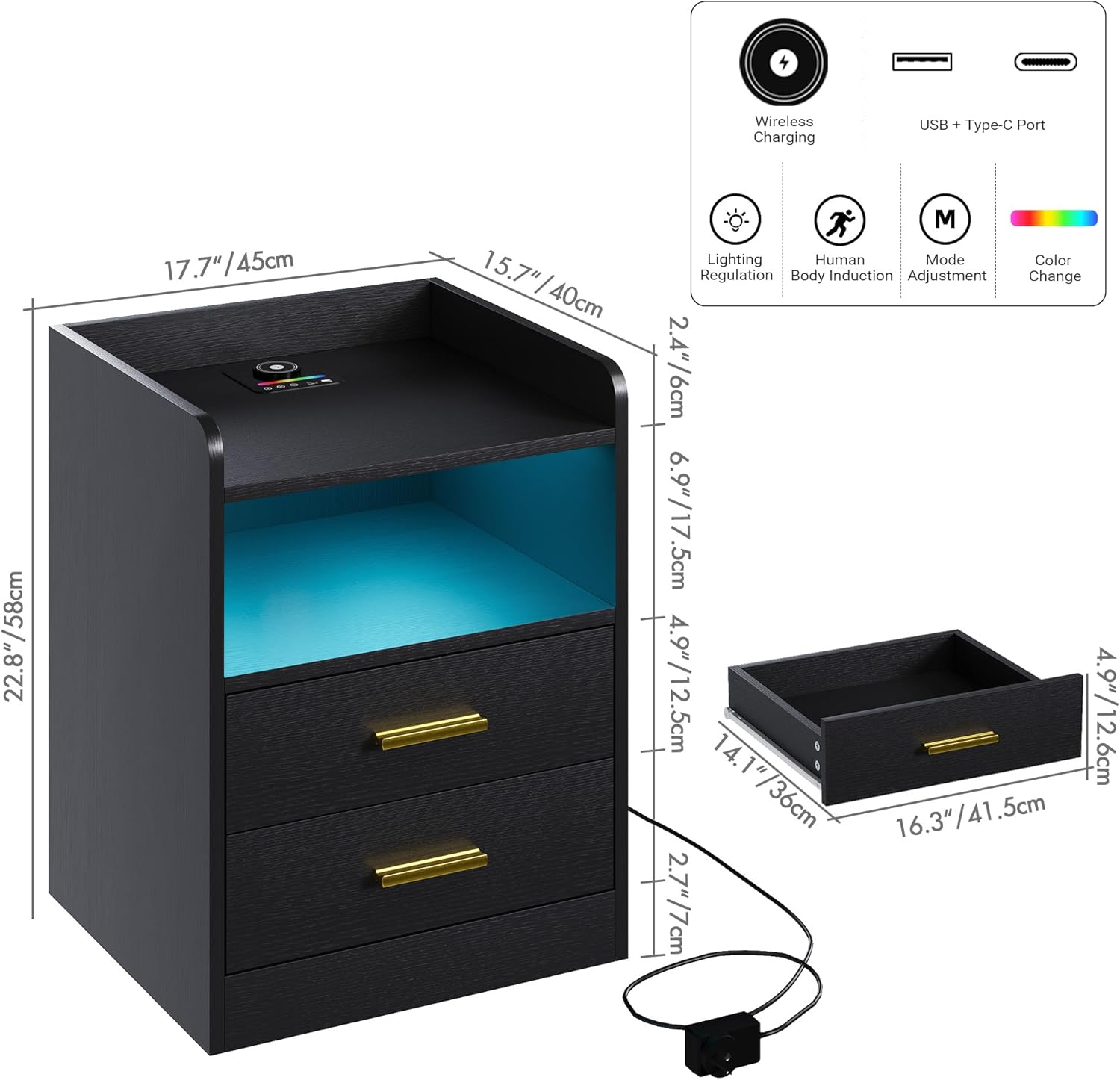 Advwin Bedside Table 2 Drawers, LED Nightstand with Human Induction, Wireless Charging Station and USB & Type-C Port, Chest of Drawers with Storage Shelf, Black (1, Black)