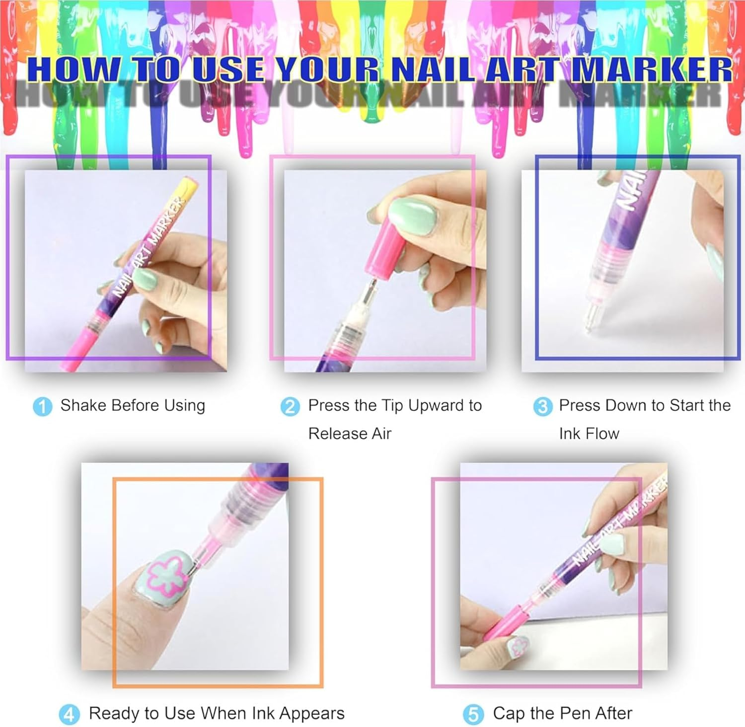 Nail Polish Pens, Tempered Top Coat Sets, Graffiti and Diamond-Dotting Pens, Acrylic Paint Pens, Dotting and Line-Drawing Pens. 12-Color Nail Art Pen Set for Nail Design (Nail Art Pen + Top Coat - 2Pcs) image number 6