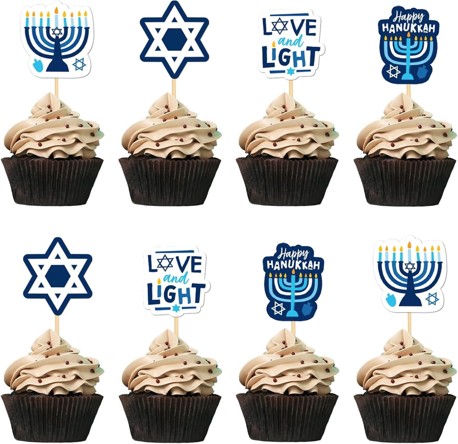 24Pcs Hanukkah Cupcake Toppers for Hanukkah Party Decorations Candlestick Hexagram Cake Decor for Chanukkah Theme Party Supplies image number 3