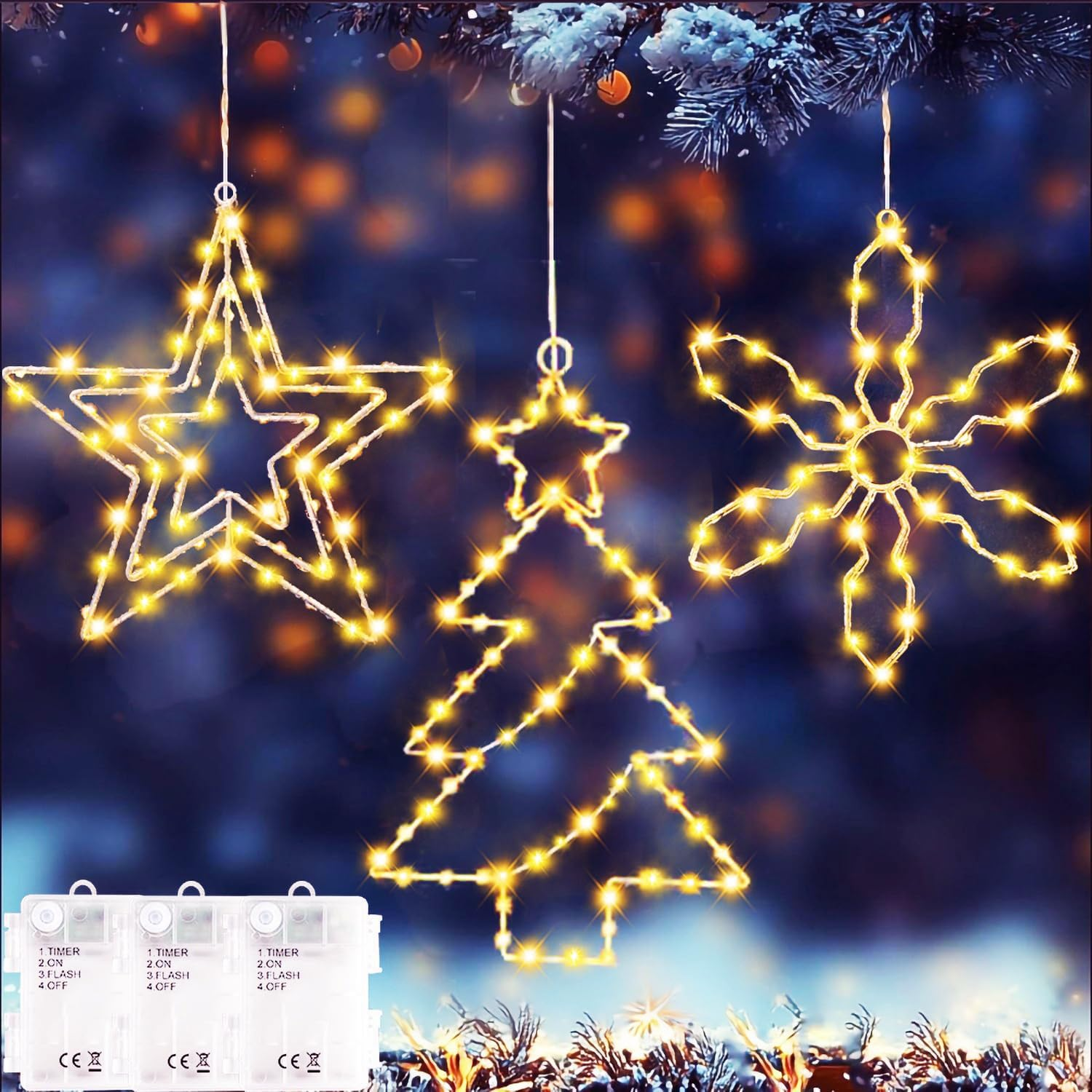 Christmas Decoration Window Pack of 3 Christmas Lights Window with Battery and Timer image number 3