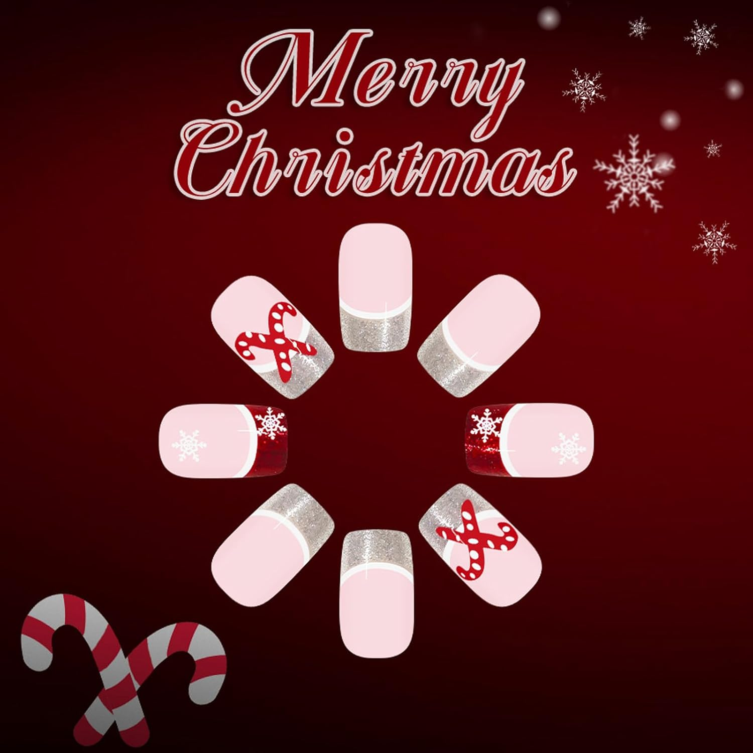 Holiday Glittering Press on Nails Short French Styles Snowflake Cane Pattern ABS for Festive Event Christmas Snowflake Press on Nail image number 1