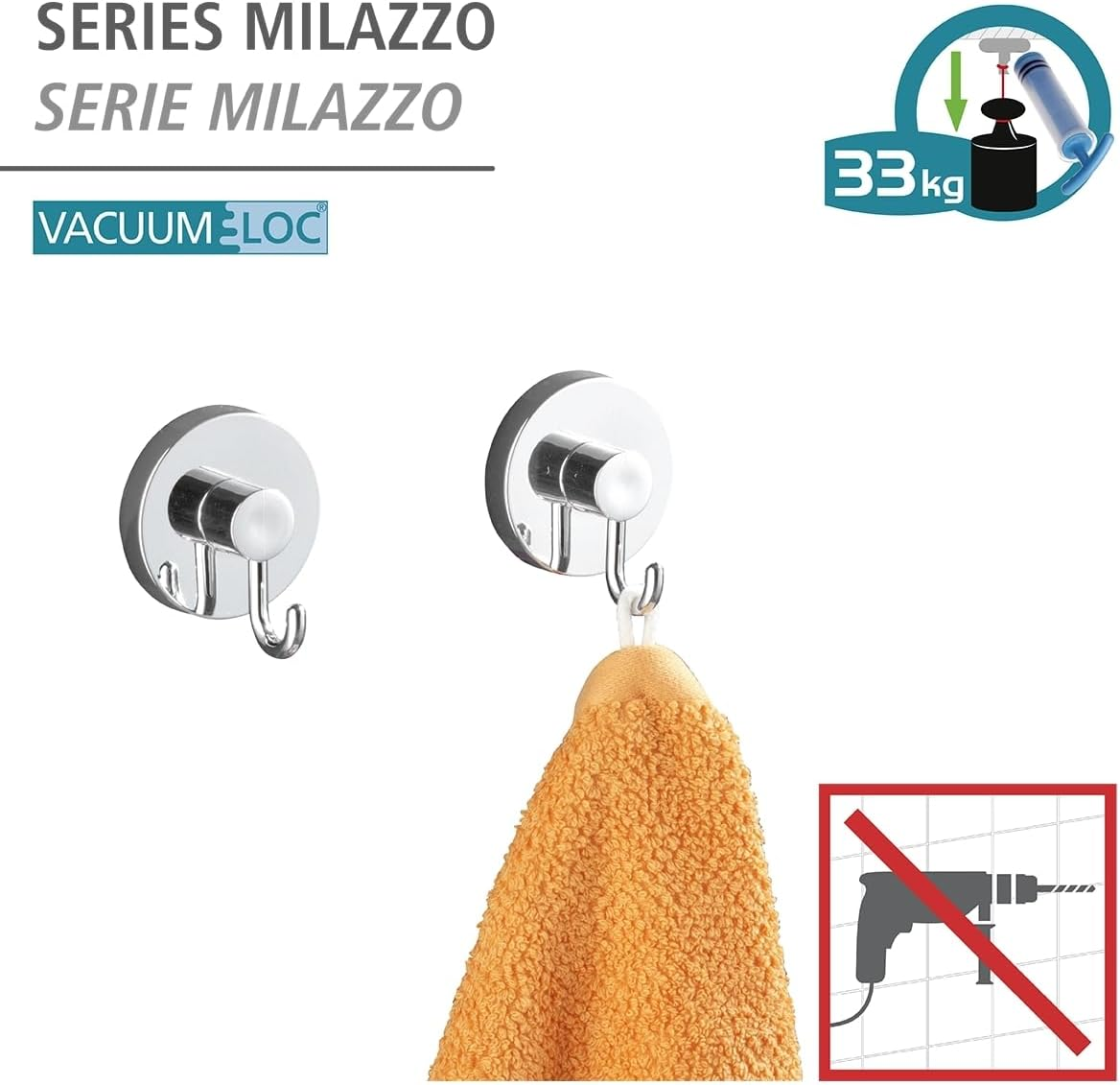 WENKO Wall Hooks with Loc-Vacuum Technology, for Hanging, Storage, for Shower, for Kitchen, No Drilling, No Holes, No Screws, without Nails, 9.29" X 1.57" X 3.74", Chrome image number 1