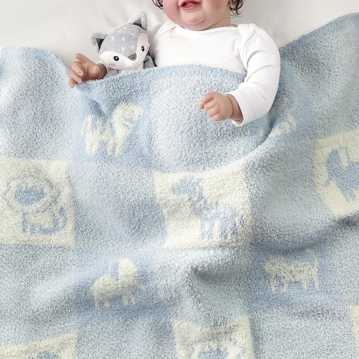 CREVENT 76X102Cm Cozy Soft Warm Chenille Baby Blanket for Girls Boys, Newborn Essentials for Infant, Baby Shower - Animal Blue image number 6