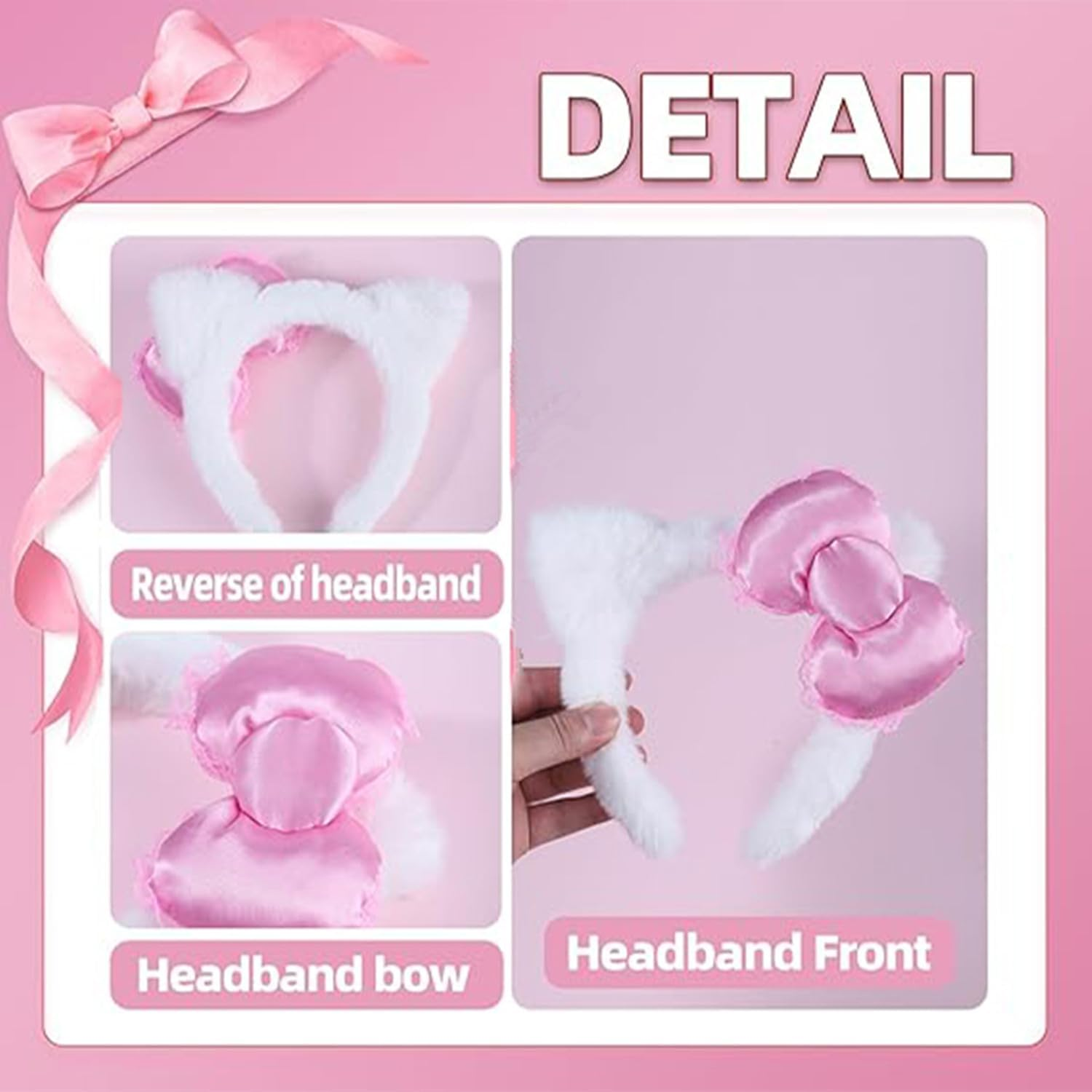 Cat Ears Headband Pink Bow White Hair Accessories, Kitty Bow Costume Hair Accessories Kawaii Stuff Gift image number 1