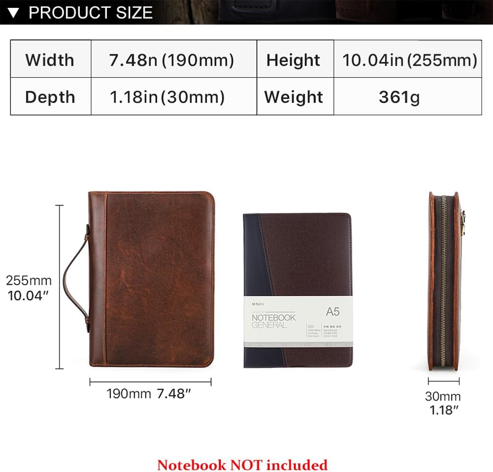 Contacts A5 Notepad Holder Full Grain Leather Portfolio for Work Legal Pad Padfolio Portable Notebook Folder with Zipper Closure and Handle image number 3