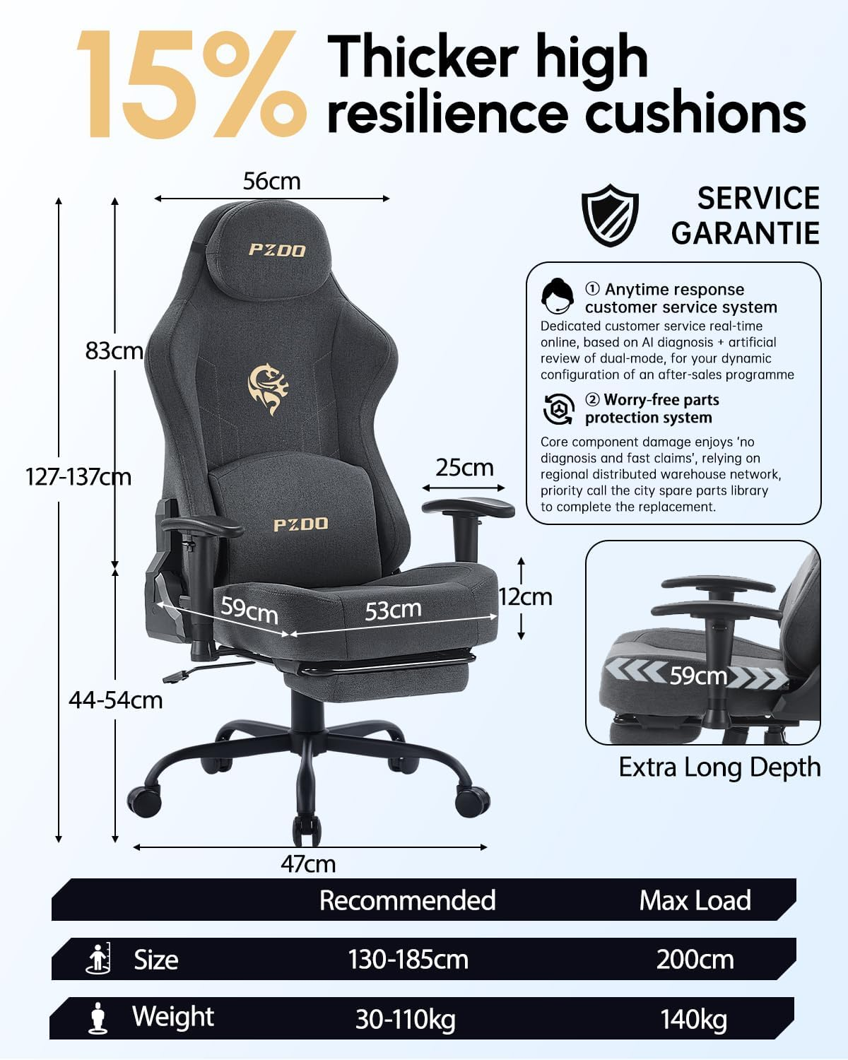 Gaming Chair, Computer Chair for Adults, Ergonomic Office Chair, Big Tall Desk Chair with Footrest and Lumbar Support, Fabric, High Back PC Gamer Chair, 165&deg;Recliner, 150KG, Teens, Deep Grey - Deep Grey image number 3