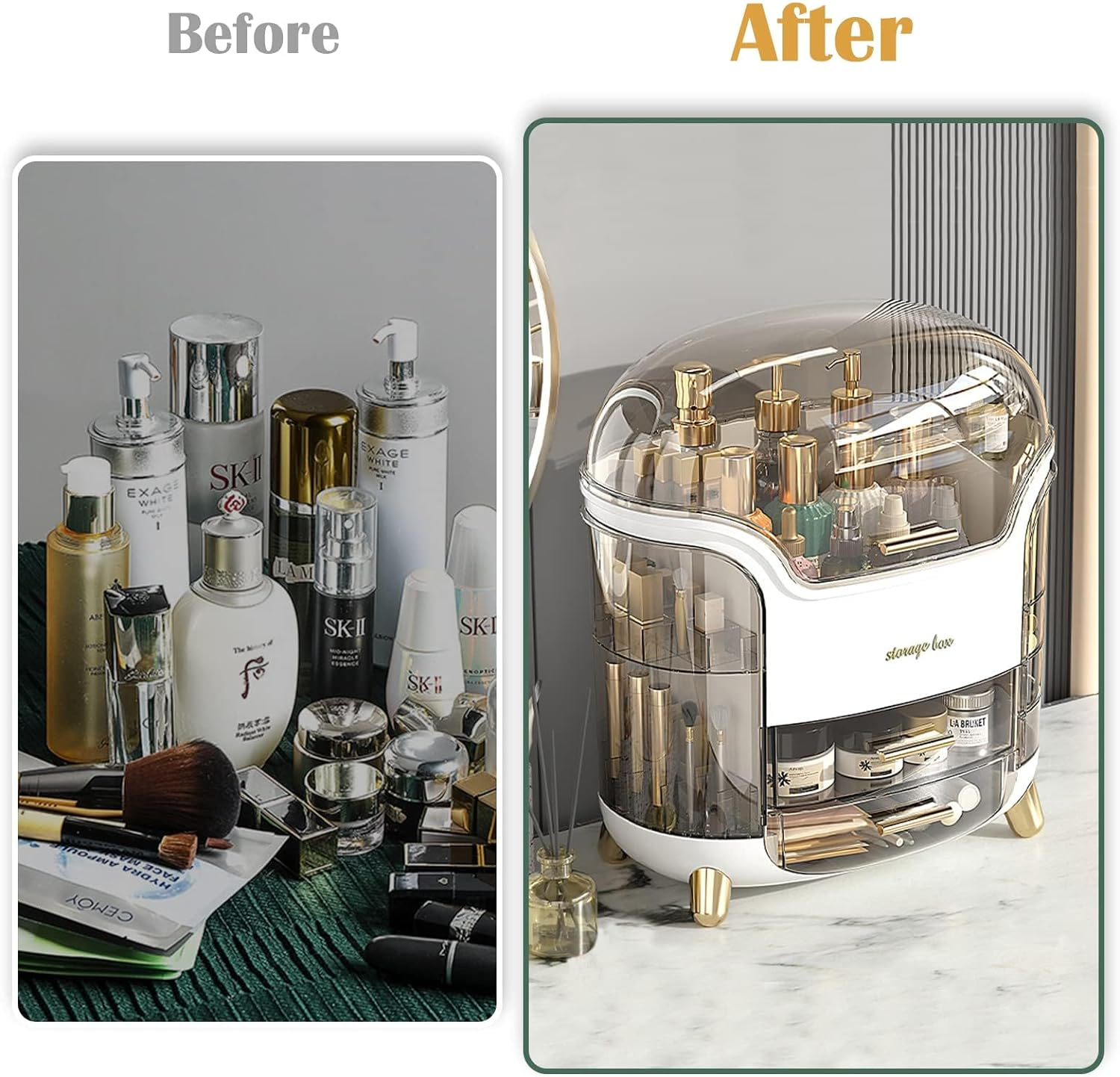 MOTYYA Makeup Organizer and Storage, Cosmetics Organizer Box for Countertop with Lid & Drawers, Cosmetics Skincare Organizers Box with Waterproof & Dustproof Cover for Bedroom