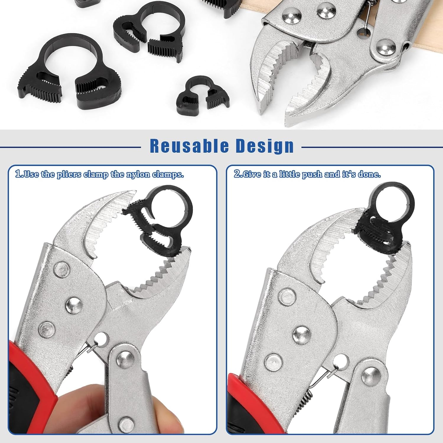 Glarks 57Pcs 6.1-26.1Mm Heavy Duty Black Double Gripping Nylon Hose Clamp Set, 5 Sizes Adjustable Speedy Double Snap Grip Hose Clamp with Locking Pliers, Plastic Snap Ratcheting Clamp Kit for Plumbing