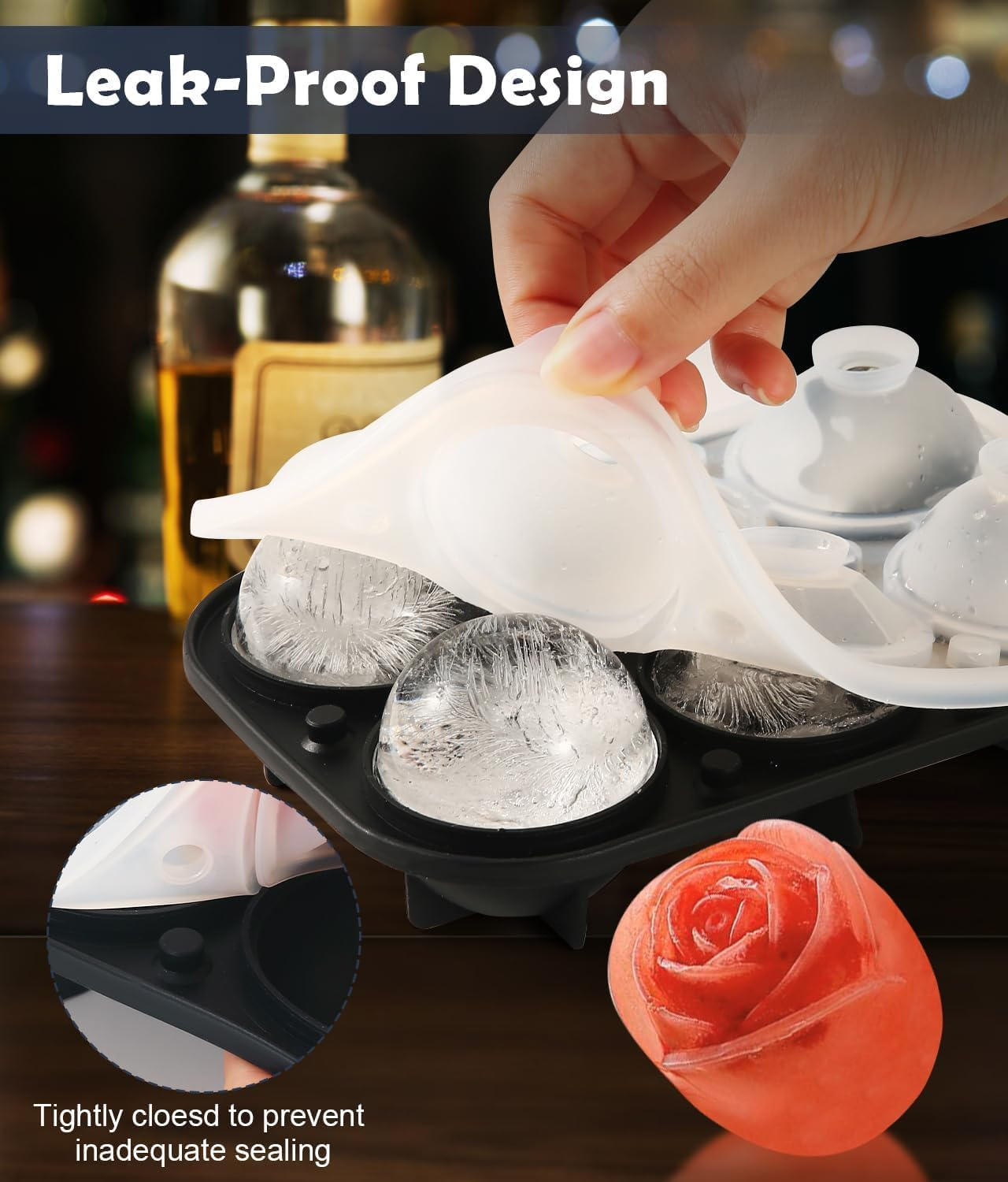 Silicone Ice Cube Trays,Set of 2 Large Ice Cube Molds,Makes 6 Large Square Silicone Molds,2 Circle Round,2 Rose & 2 Diamond Ice Molds, Silicone Fun Ice Maker for Whiskey,Cocktails & DIY, BPA Free - Gray-2Pcs image number 2