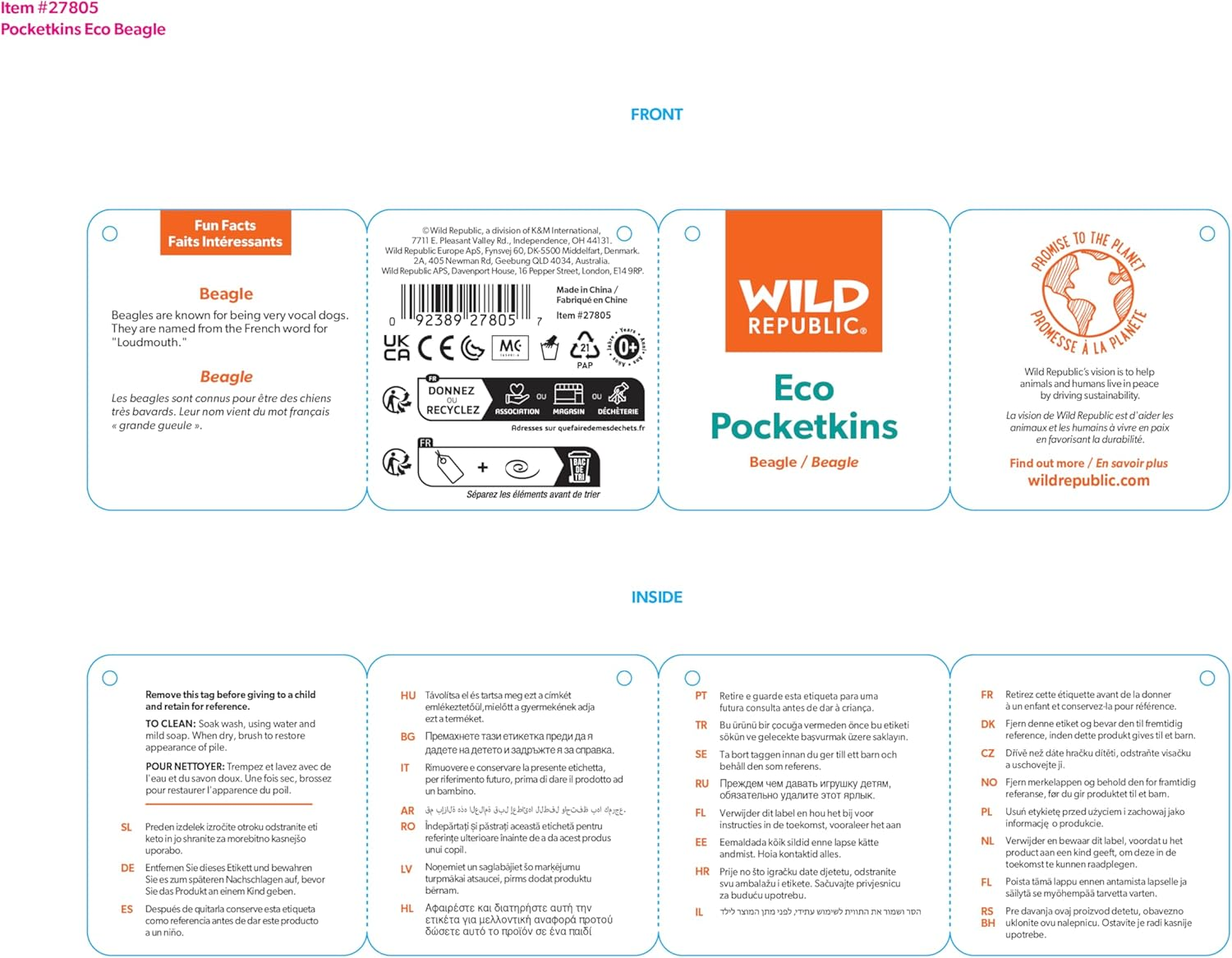 Wild Republic Pocketkins Eco Beagle, Stuffed Animal, 5 Inches, Plush Toy, Made from Recycled Materials, Eco Friendly