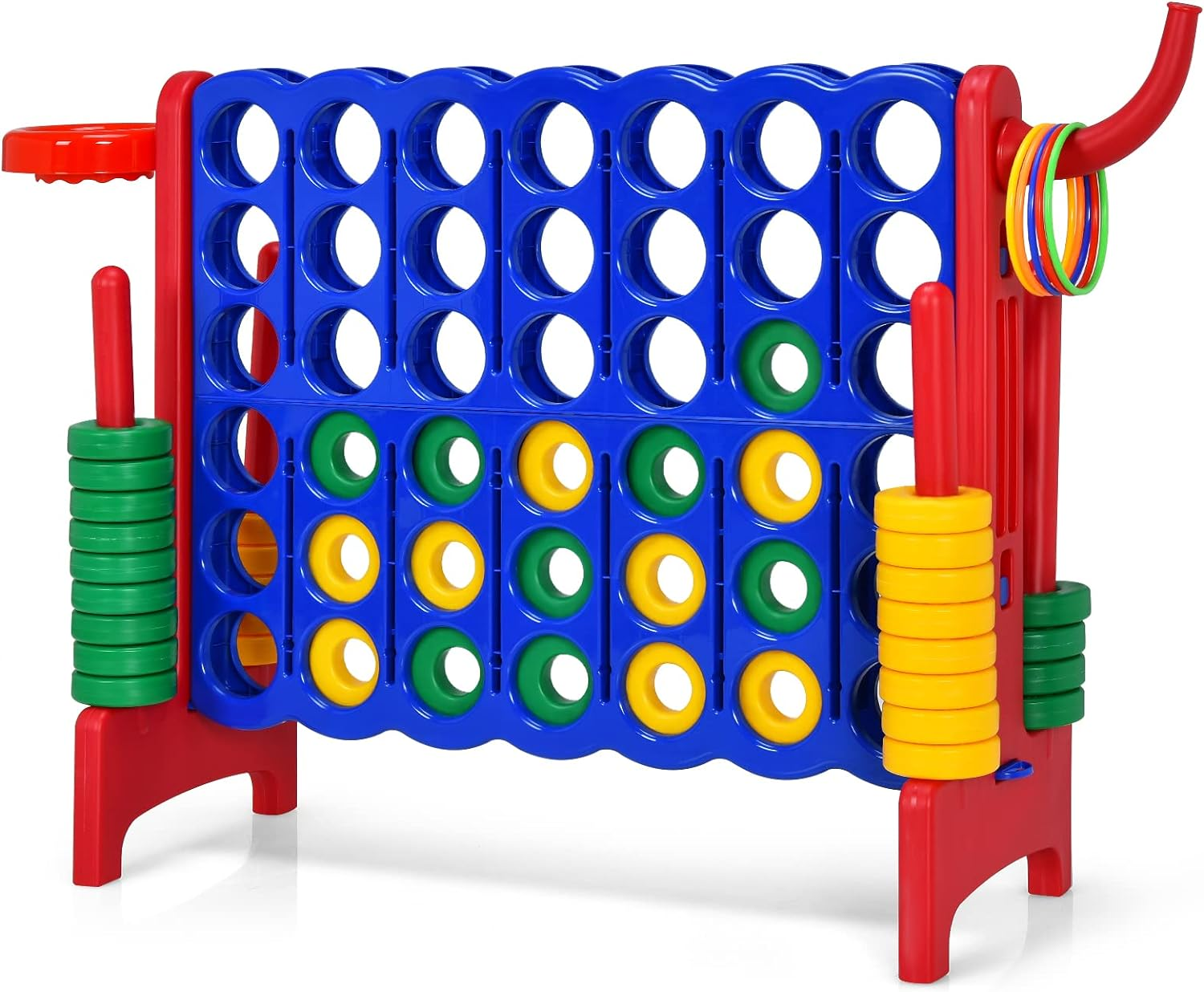 Costway Giant 4-In-A Row, Jumbo 4-To-Score Giant Game Set for Kids & Adults, Indoor Outdoor Family Connect Game W/Basketball Hoop, Ring Game, 42 Jumbo Rings, Quick-Release Slider (Red)