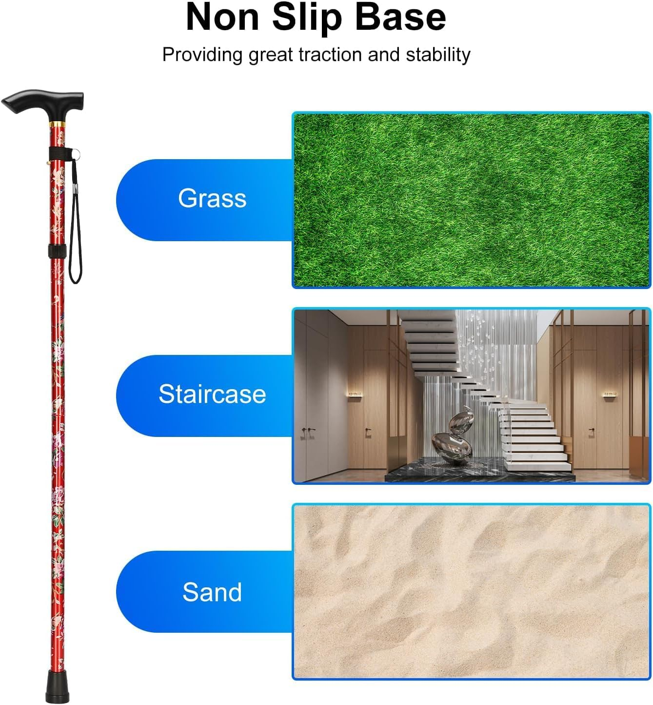 Folding Cane, Portable Cane, Hiking Camping Mountaineering Adjustable Walking Stick, Suitable for Outdoor Mountaineering Enthusiasts and Elderly People with Limited Mobility (Red) image number 3