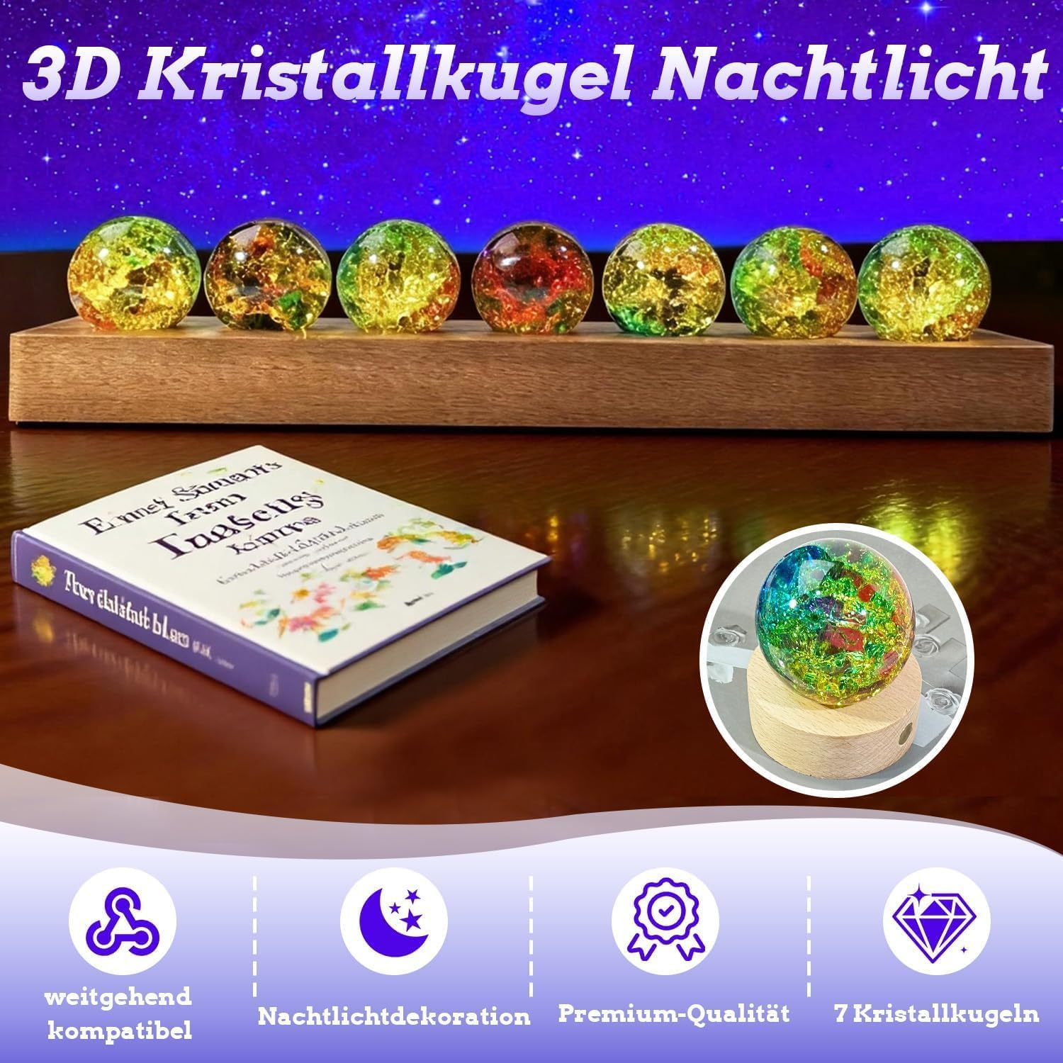 3D Crystal Ball Night Light, LED Ball, Pack of 7 Colourful Glass Crystal Balls with LED Wooden Base, 40 Mm Glass Ball Planet Lamp, Decorative Colourful Crystal Ball for Night Light, Ornaments image number 6
