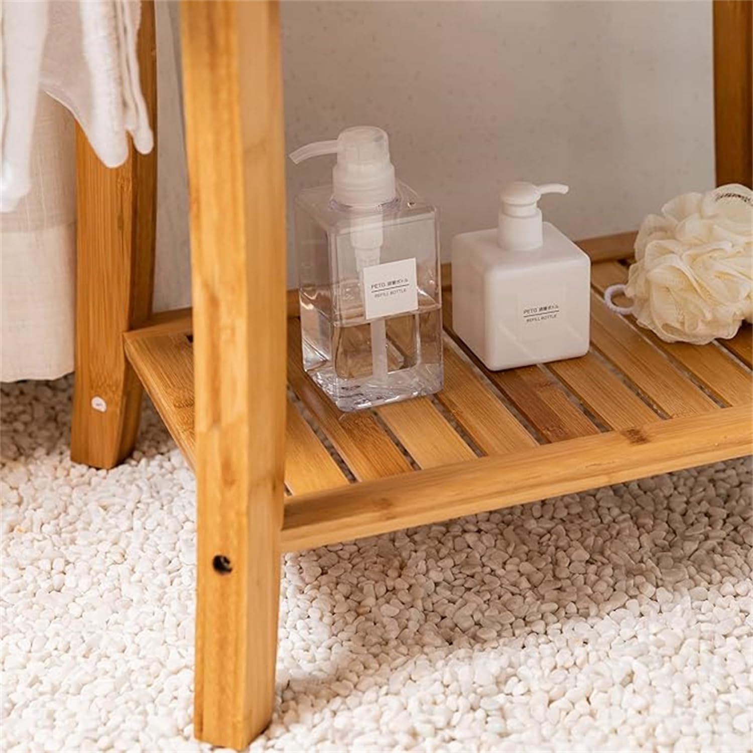 Portable Wooden Spa Bathing Stool with Storage Towel Shelf, Waterproof, Waterproof Shower Spa Chair Seat Bench Organizer Stool with Non-Slip Feet for Indoor or Outdoor(60 X 30 X 45 Cm) image number 5