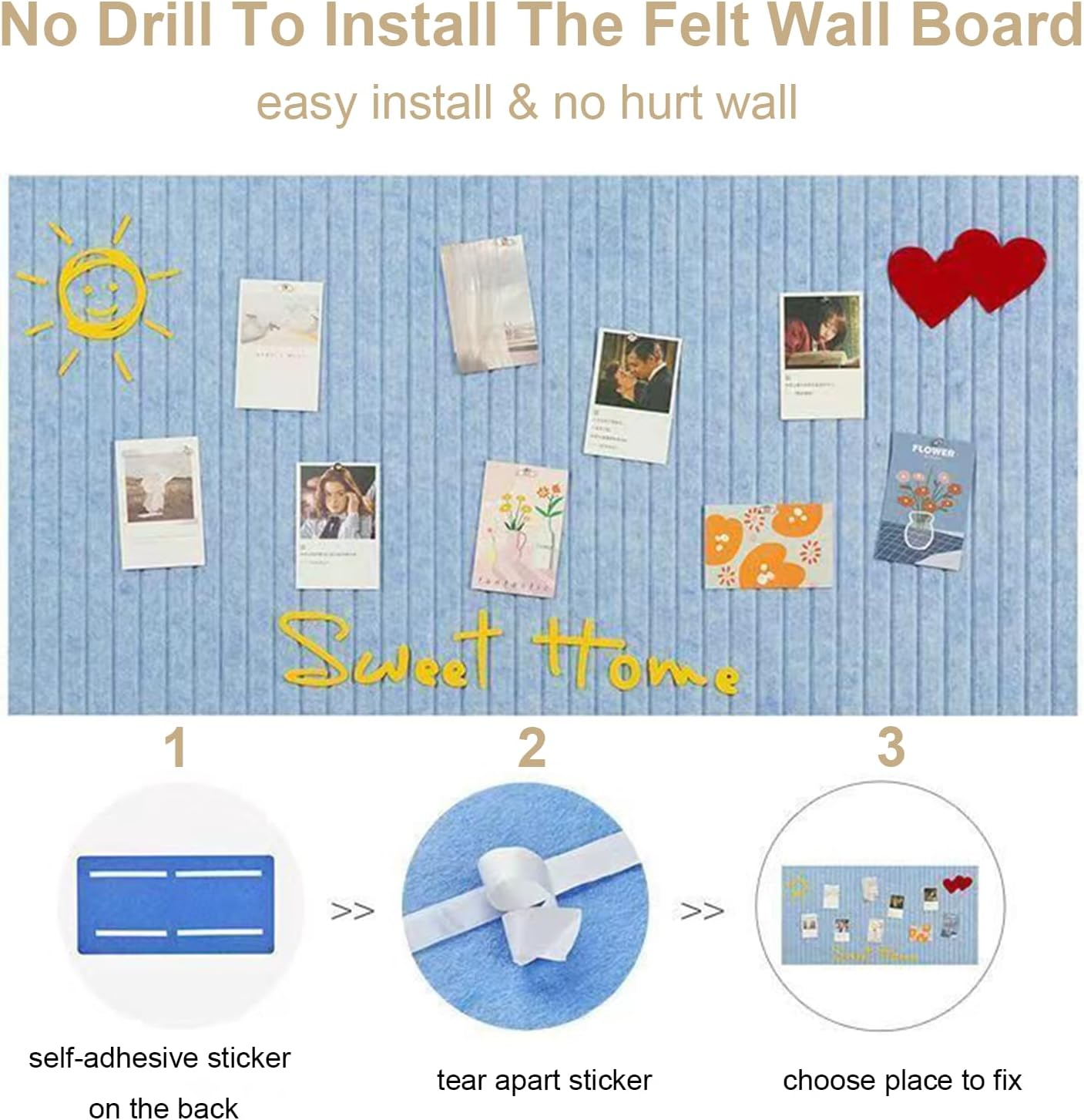 Bulletin Board, Decorative Felt Pin Board, Thick Foldable Photo Display Board with Self-Adhesive Tape, Vision Board for School Home Kitchen Office Walls (Beige, 120 * 80Cm) image number 3