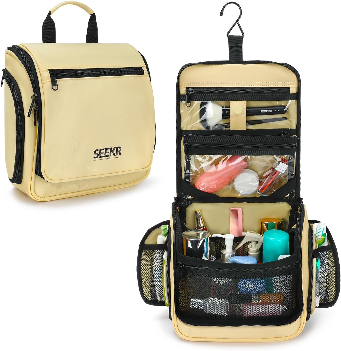 SEEKR Hanging Travel Toiletry Bag, Makeup Organiser, Expandable Compartments and Removable Pouches, for Toiletries, Cosmetics and Travel Essentials, Ideal for Luggage, Camping, Beach or Home (BEIGE) image number 5