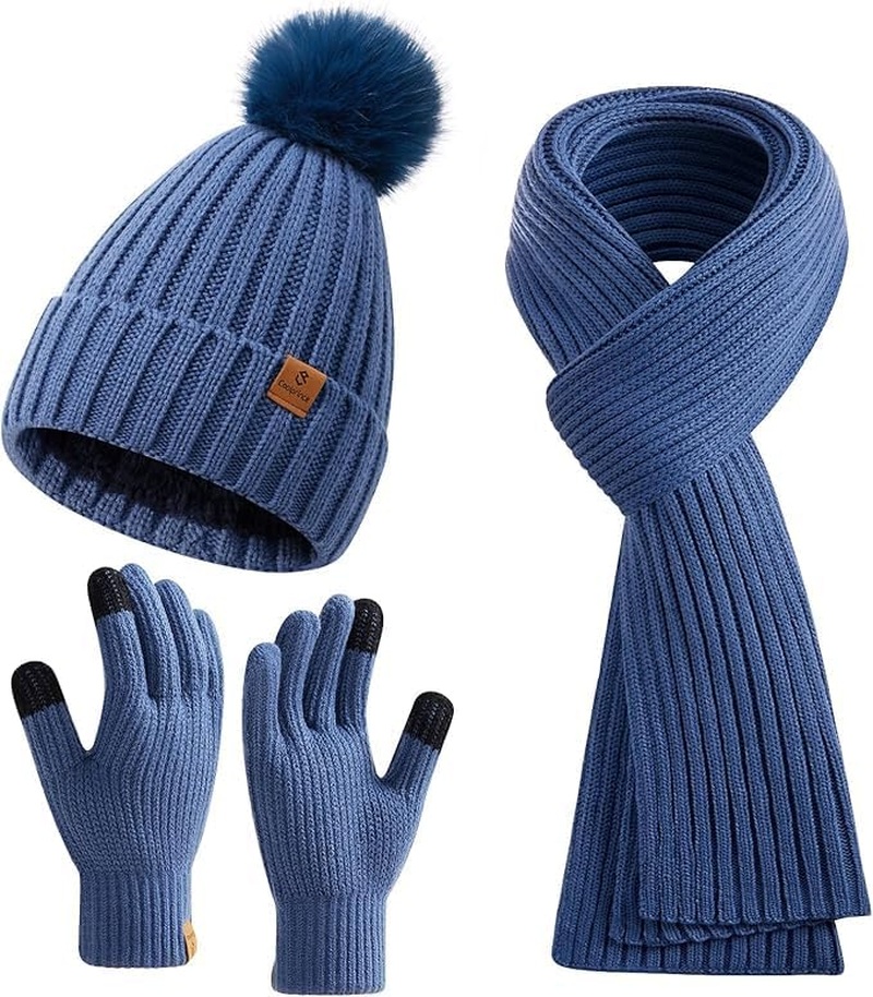 Womens Long Scarf Gloves and Hat Set Cold Weather Hat Scarf Glove Set for Women Winter Beanie Hats with Pom Pom