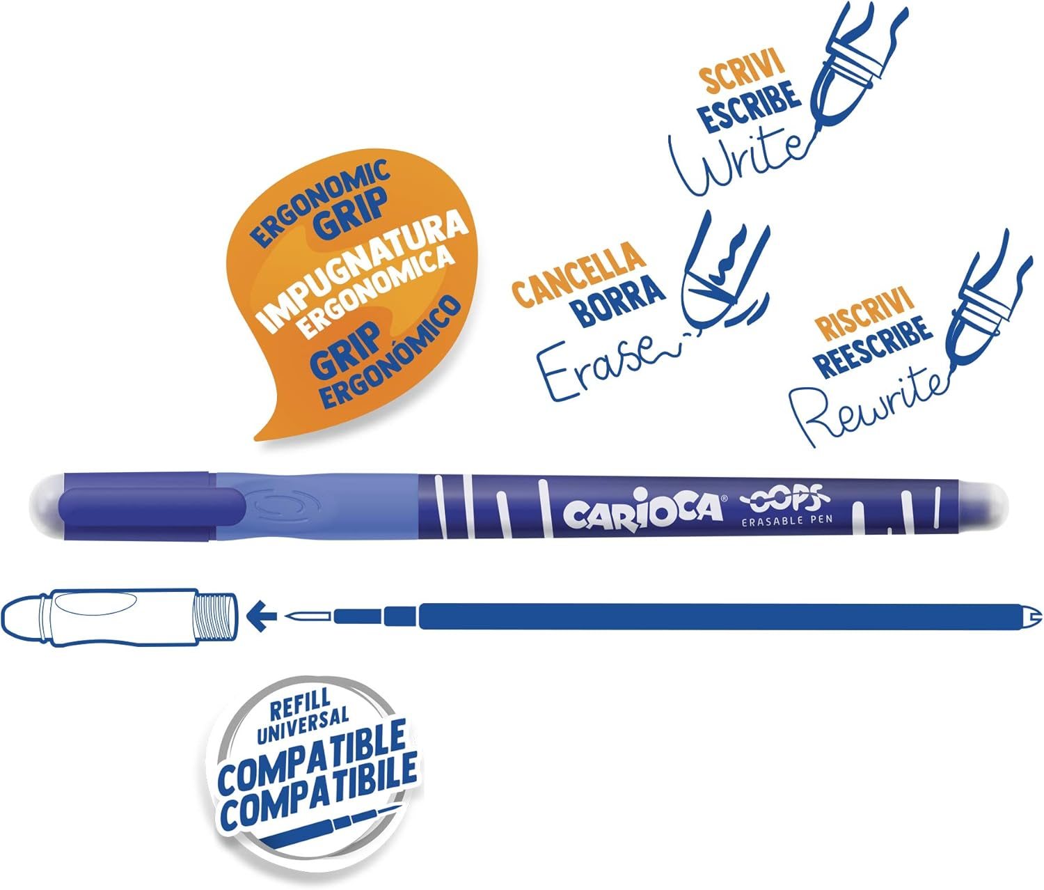 Carioca Oops Black Refillable Pen for School and Office with Hood, Double Rubber and Ergonomic Handle, Blue, Pack of 1 image number 3